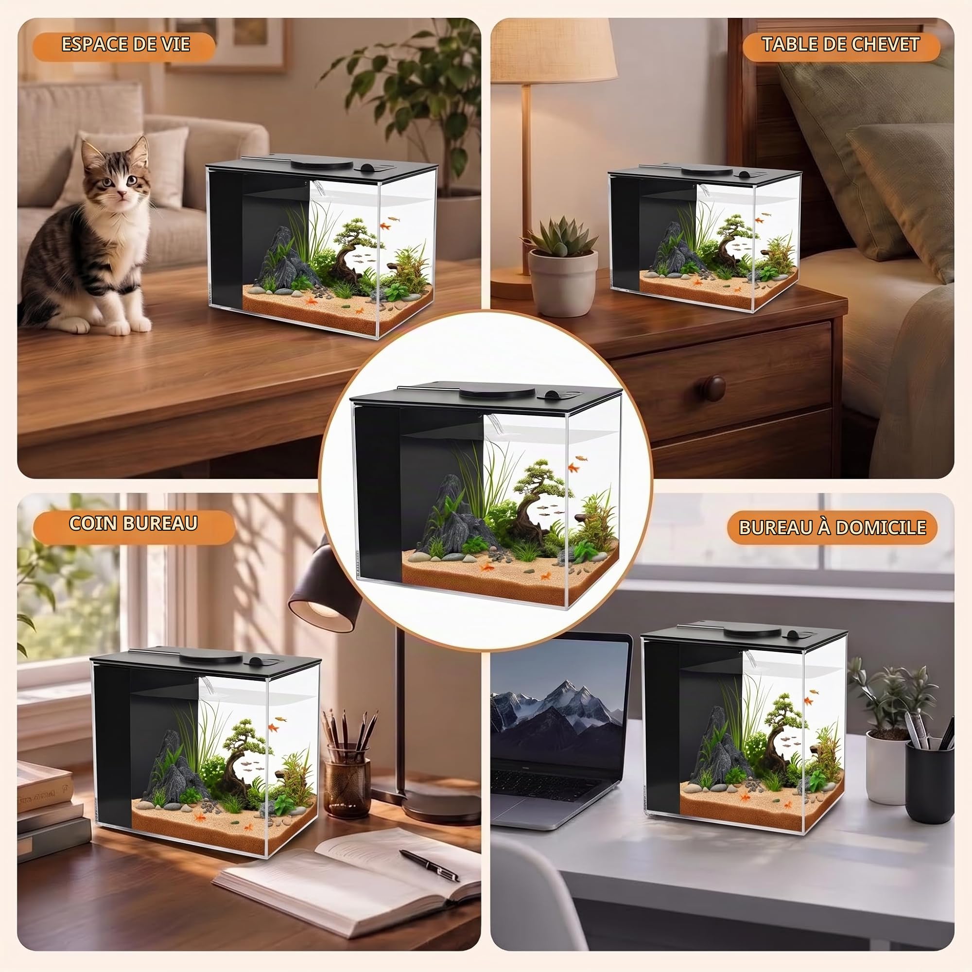 Petit Aquarium Complet 3,7L, Aquarium de Table, Aquarium Betta en Acrylique avec Pompe de Filtration et éclairage LED, pour Petits Poissons et Poissons Betta, Le Bureau et Les Cadeaux
