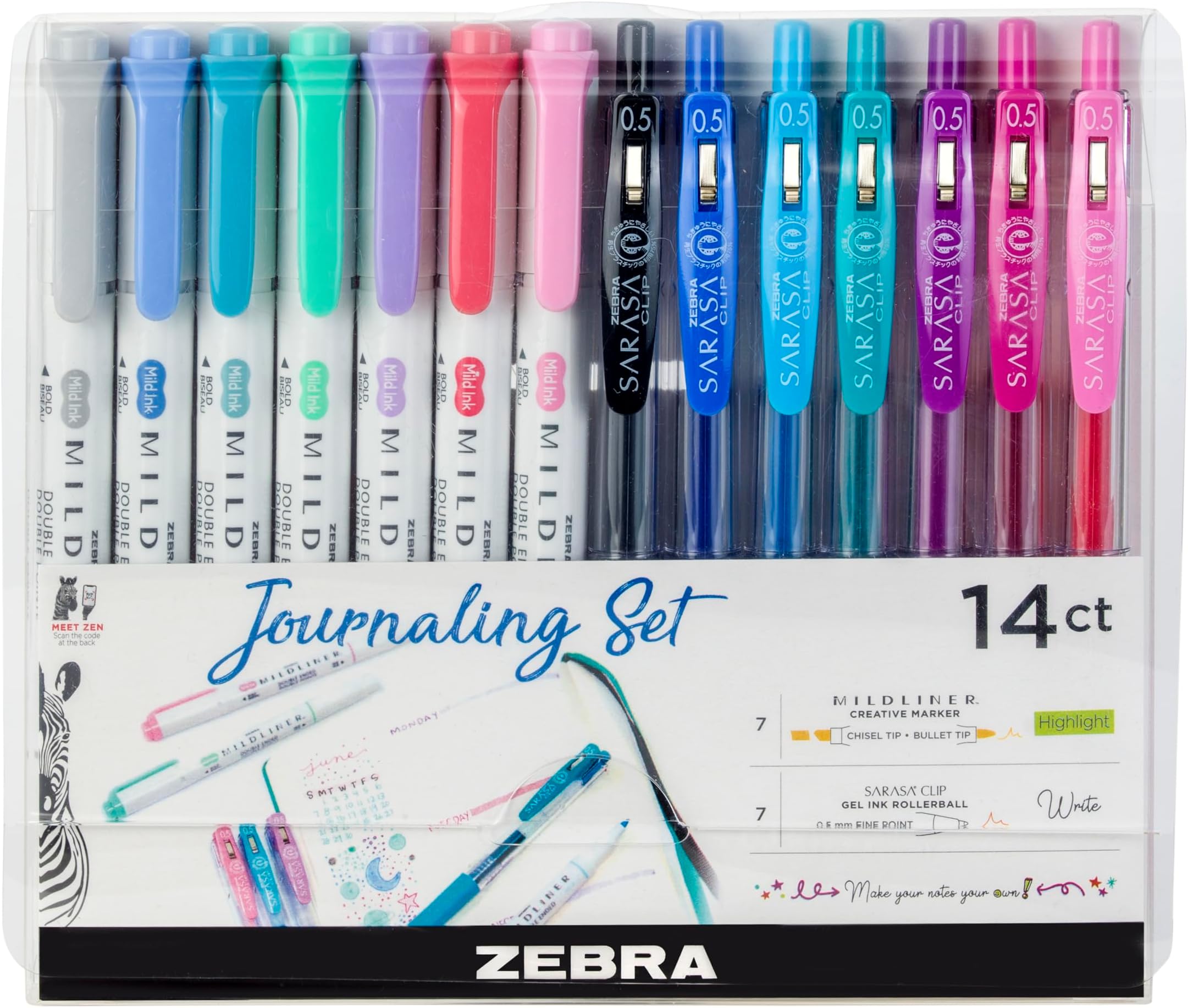Journaling Set, Includes 7 Mildliner Highlighters and 7 Sarasa Clip Retractable Gel Ink Pens, Assorted Colors, 14 Pack
