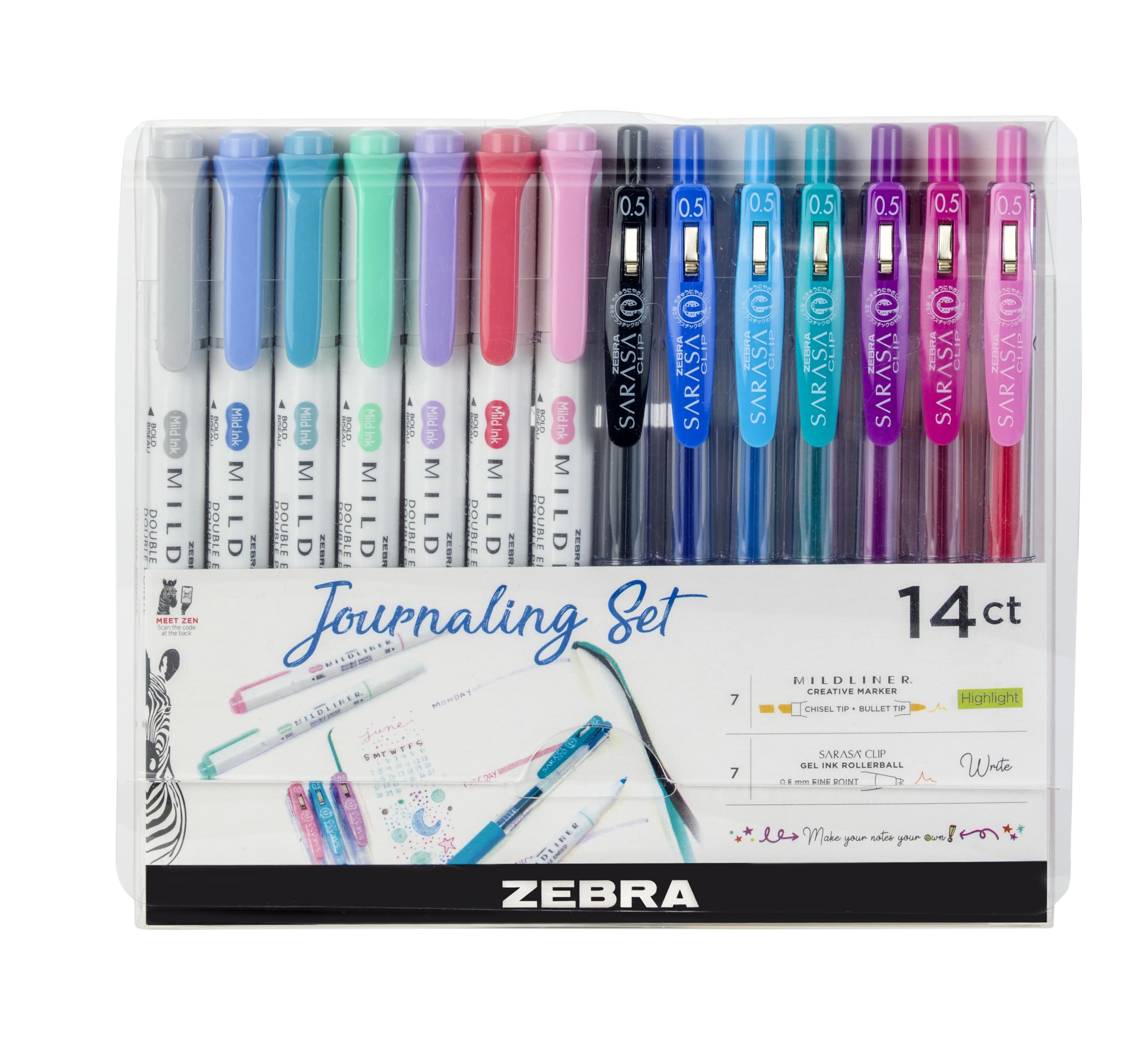 MILDLINER Dual Tip Highlighter Journaling Set, Gel Pens & Pastel Highlighters Multipack, Broad & Fine Tip Markers & Highlighters, Double Ended Pens, Assorted Colours, 14pc