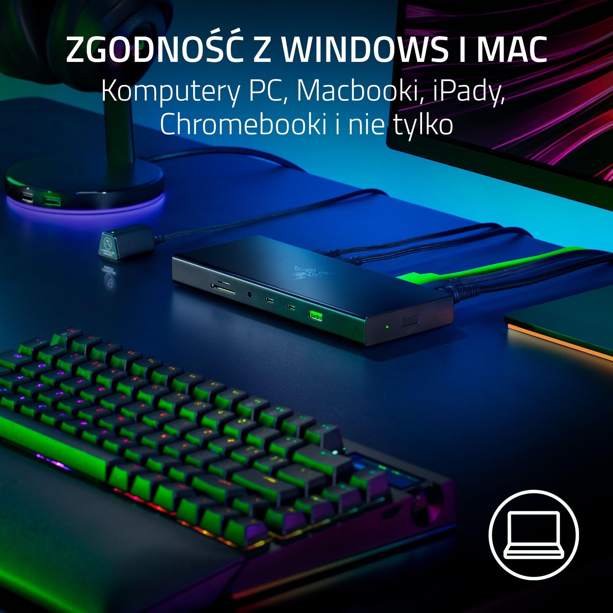 Razer USB 4 Dock - 14-portowa stacja dokująca High-Speed do gier i produktywności - obsługa dwóch wyświetlaczy, ładowanie urządzeń (3x USB-C, 5x USB-A, HDMI, DisplayPort) Czarny