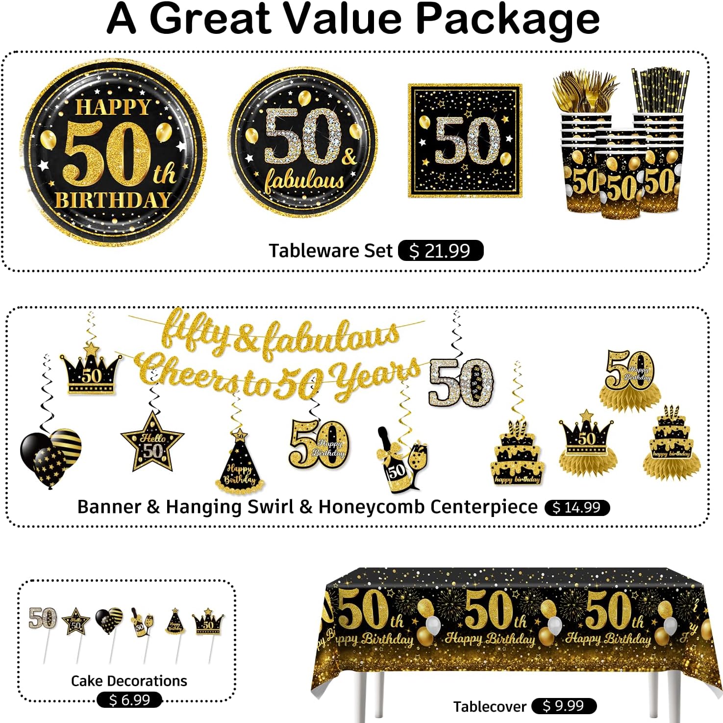 201Pcs 50th Birthday Decorations Men Tableware Set Serves 25 Guests, 50th Birthday Decorations for Men Include Candle, Banner, Plates and Tablecloths, for Gold 50th Birthday Party - Image 3