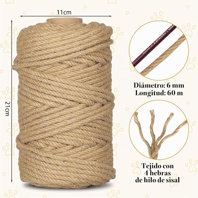 Foto 2 de 7 de CIOXSOIO Cuerda de Yute 6mm x 60m, Cuerda Rascador para Gatos, Cuerda Cañamo Sisal Natural, para Embalaje