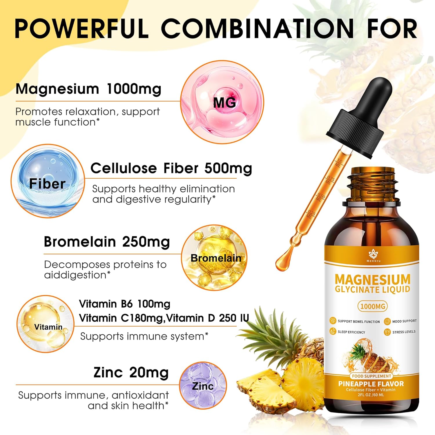 (2 Pack) Magnesium Glycinate Liquid Drops with Cellulose Fiber, Vitamin B6, C, D, Zinc, Magnesium,for Sleep, Nerve, Energy, Muscle, Bone, Calm & Digestion, High Absorption, 4 Fl oz