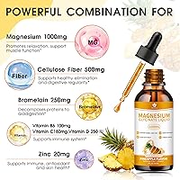 Vista 3 de Gotas líquidas de glicinato de magnesio. Suplemento líquido de magnesio de alta absorción, con fibra de celulosa, vitamina B6, C, D, zinc