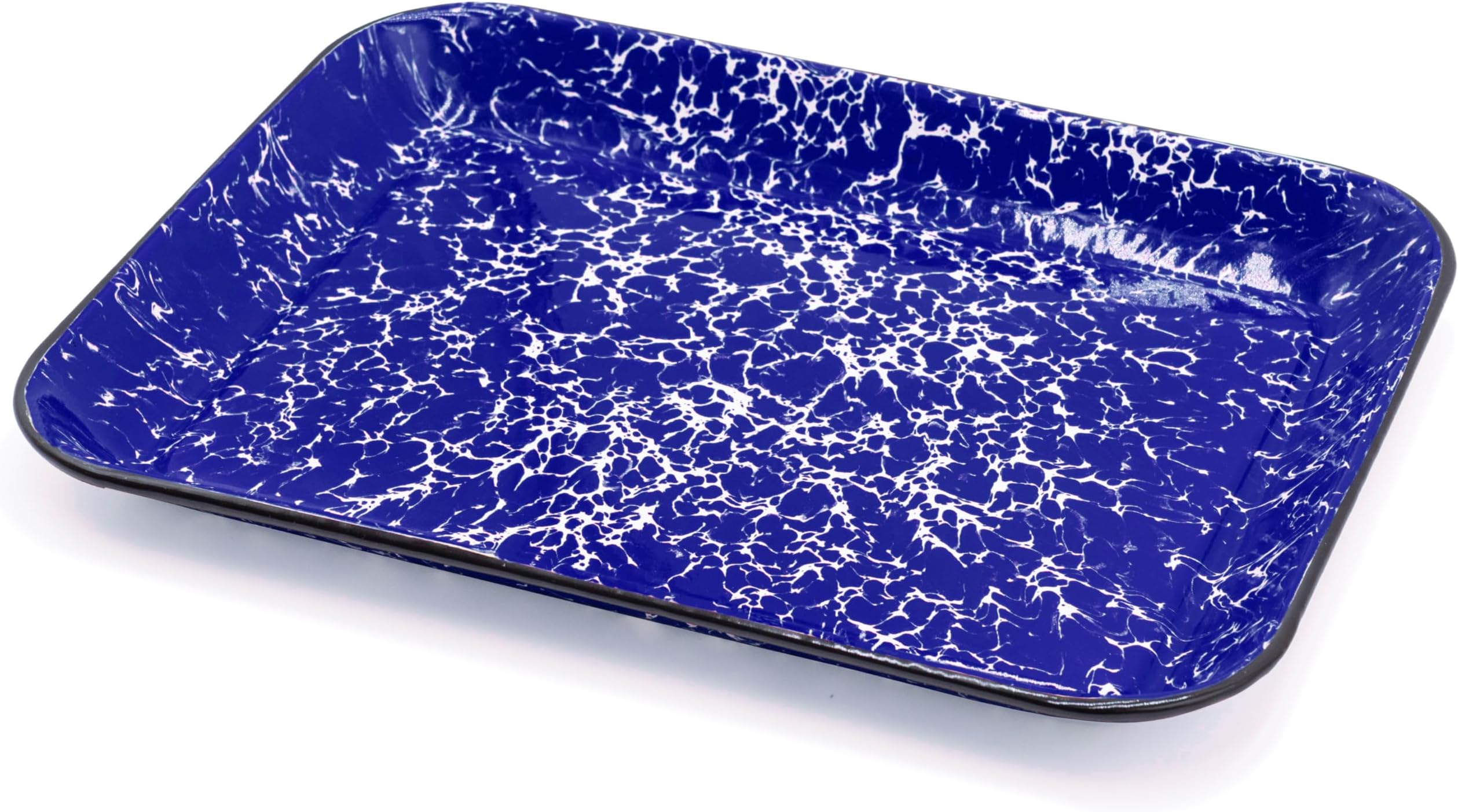 Red Co. 13.5” x 10” Enamelware Metal Classic 1.6-Quart Rectangular Serving Tray, Navy Blue Marble/Black Rim – Splatter Design