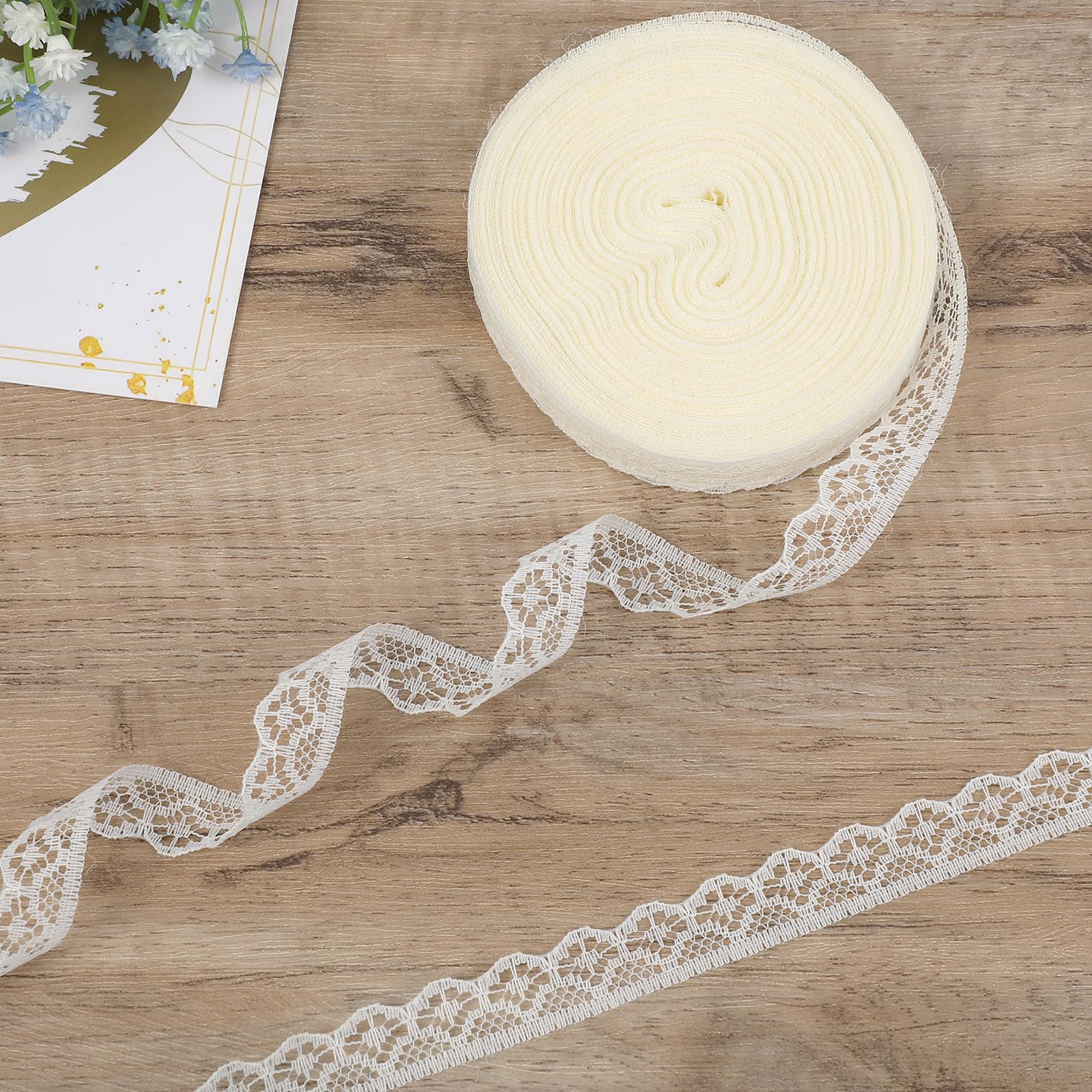 30 Yards Beige Lace Ribbon Roll 0.6 Inch Wide Sewing Lace Ribbon Flower Fabric Trim Sewing Crafts Lace for Wedding Decoration, Bouquet, and Gift Packaging