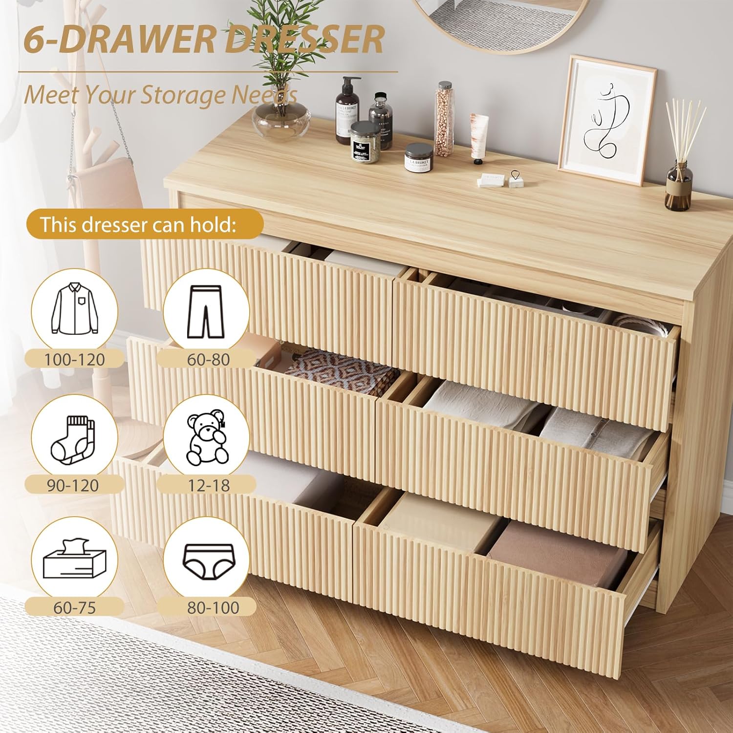 Illustration of the Jocoevol Oak 6-Drawer Fluted Dresser with open drawers, showing storage capacity for various clothing items.