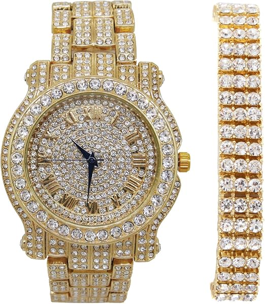 hip hop Rapper orologio da uomo – Bracciale tennis con corrispondenza Iced  out tondo oro lusso Bling L0504B 3TG : Amazon.it: Orologi