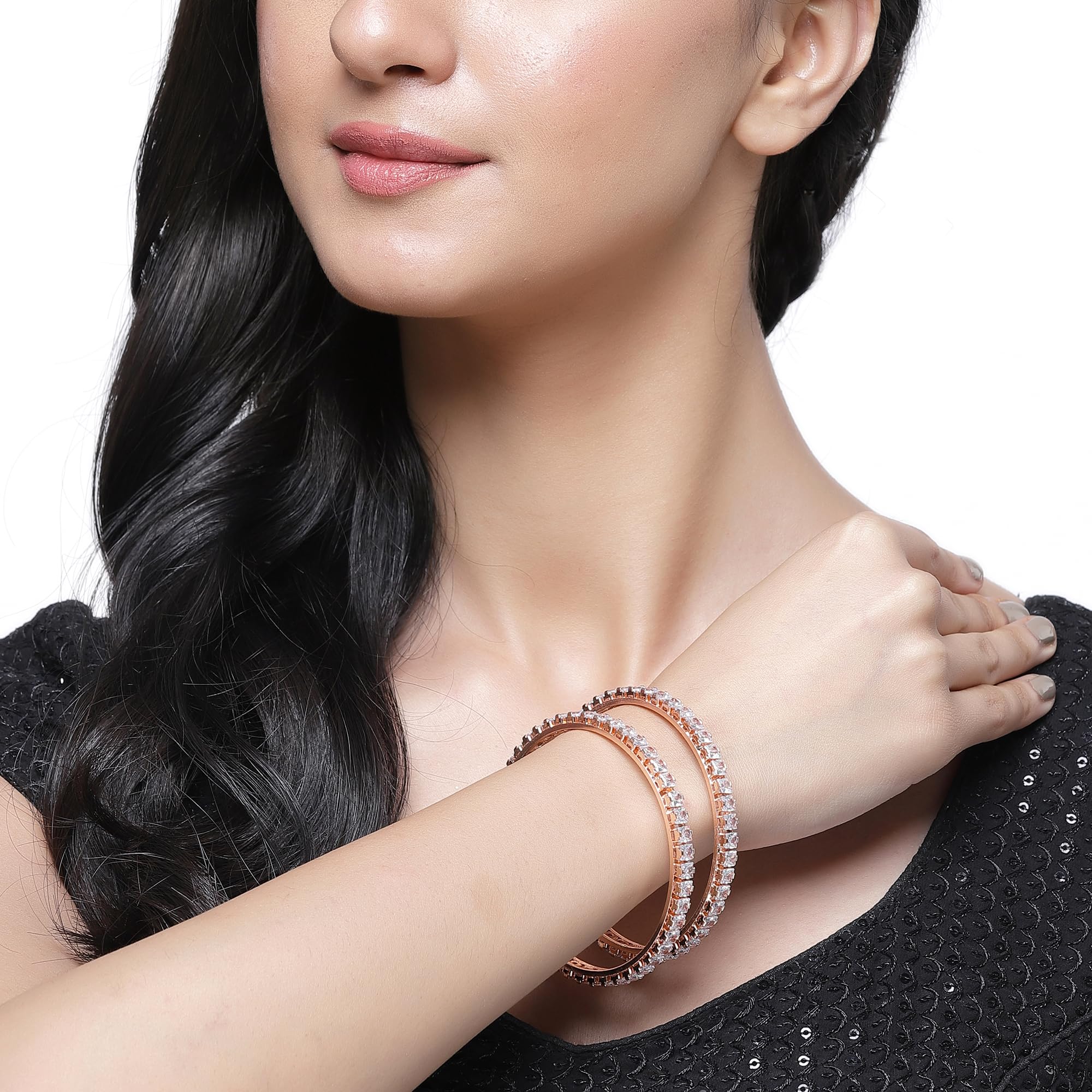 Rose Gold-Plated Artificial Stones Bangles (Set of 2, 2.4 Inches)