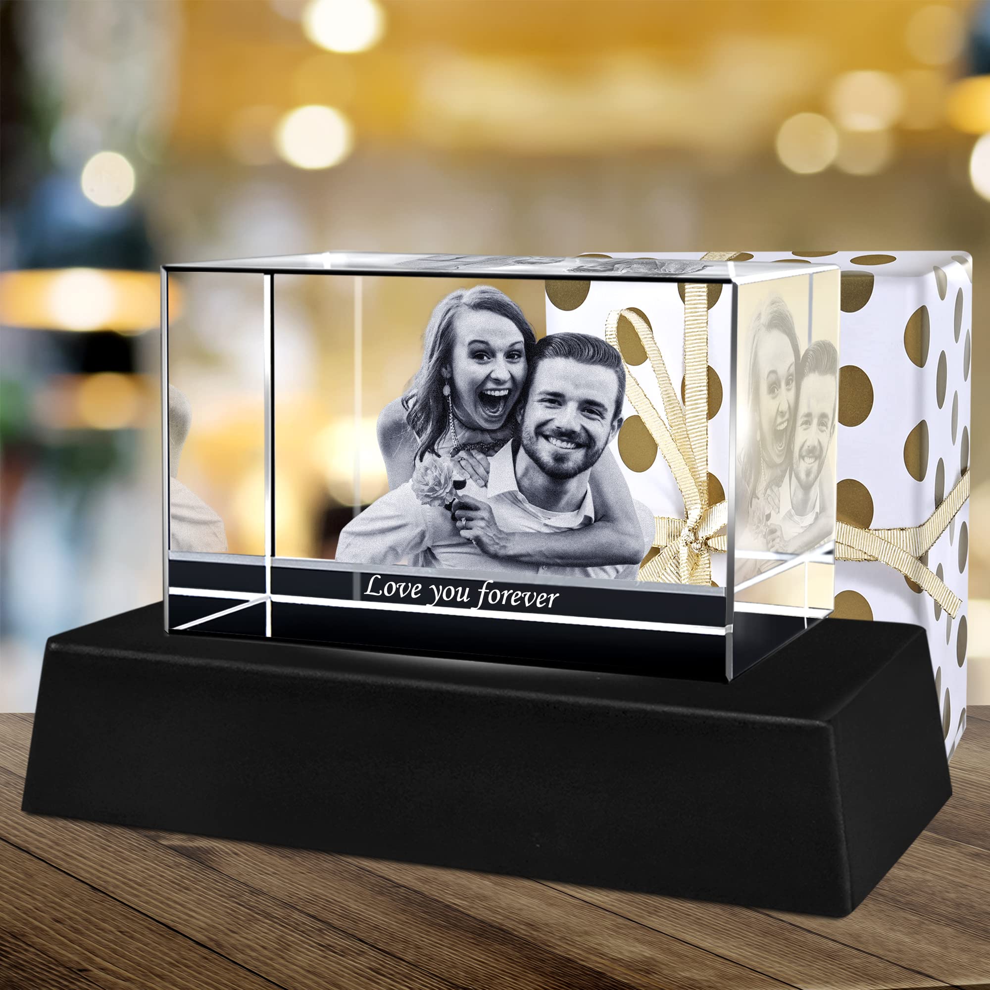 Farfume Personalised Pet 3D Crystal Photo, Customized 3D Picture Cube - Laser Etched Glass Pictures Keepsake Memorial Gifts for Dog/Lover/Parents/Friends(3D Crystal Rectangle 1 & Light Base)