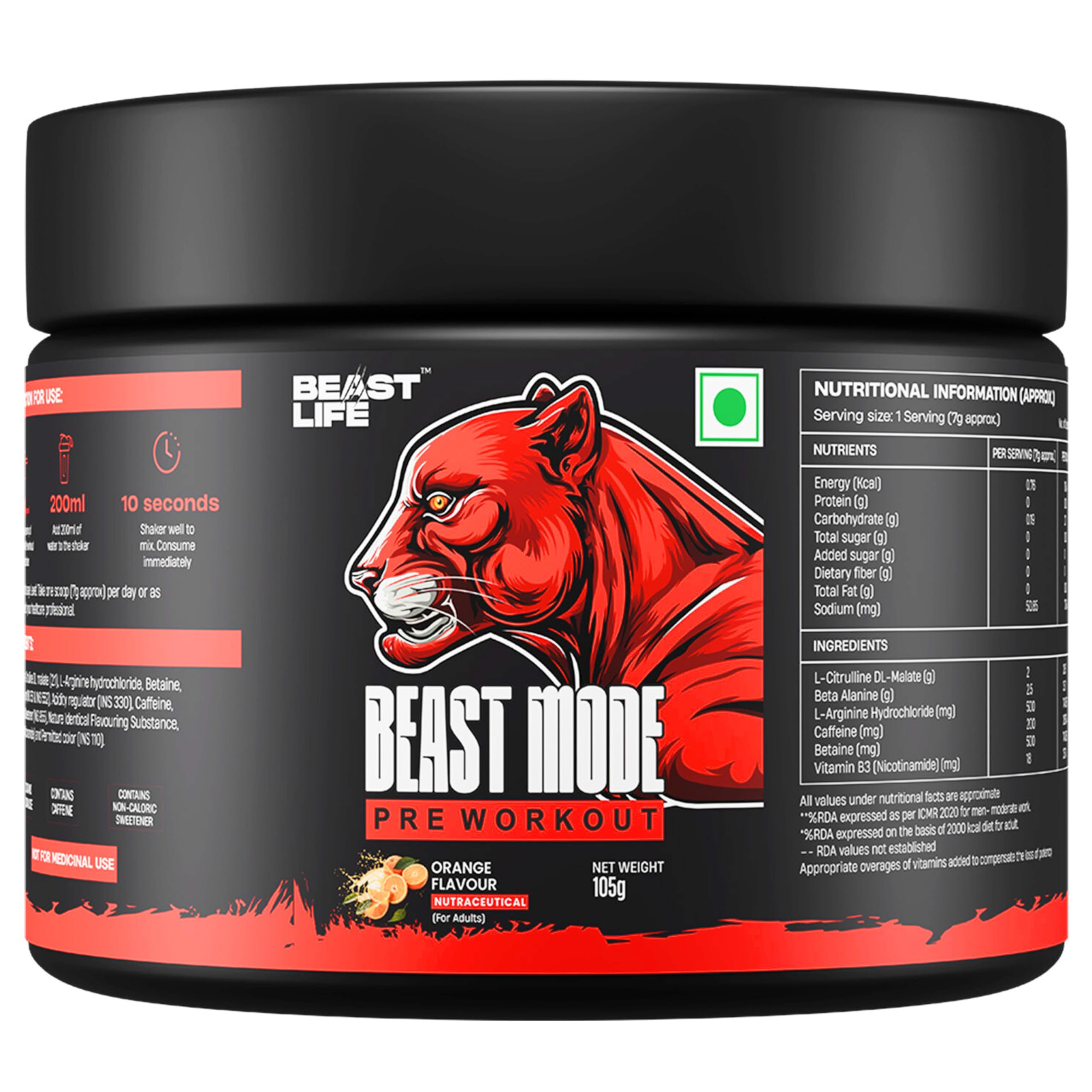 Beastlife Pre-Workout | 105 gm | Orange Flavor | Boosts Pump & Energy | Speeds Up Recovery | 2000 mg Citrulline | 2500 mg Beta-Alanine | 200 mg Caffeine | 500 mg Betaine-image-8