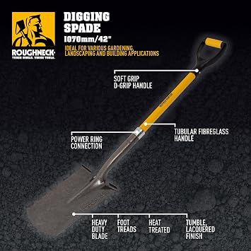 Roughneck Digging Spade 1070mm (42) – Heavy-Duty Carbon Steel Blade, Power Ring Reinforced Socket, Fibreglass Handle, Soft-Grip D-Handle, Foot Treads for Gardening, Landscaping & Groundwork