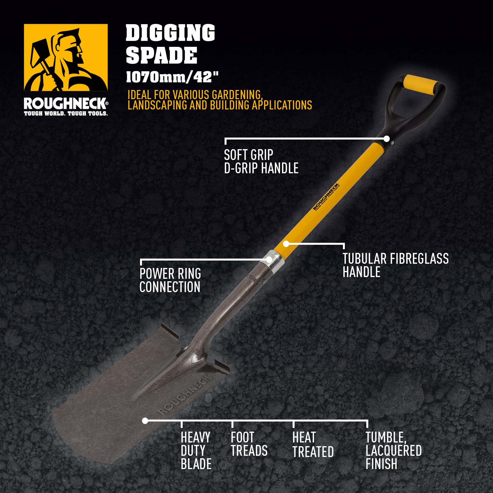 Vanga da scavo Roughneck 1070 mm (42") – Lama in acciaio al carbonio, attacco rinforzato, manico in fibra di vetro, battistrada antiscivolo per giardinaggio e paesaggistica