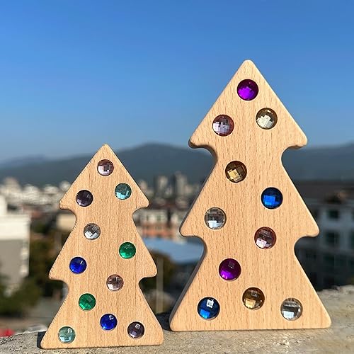 Juegos de árbol de Navidad con gemas de madera, bloques de construcción de gemas de acrílico arcoíris, juguete de refracción de luz solar de cristal