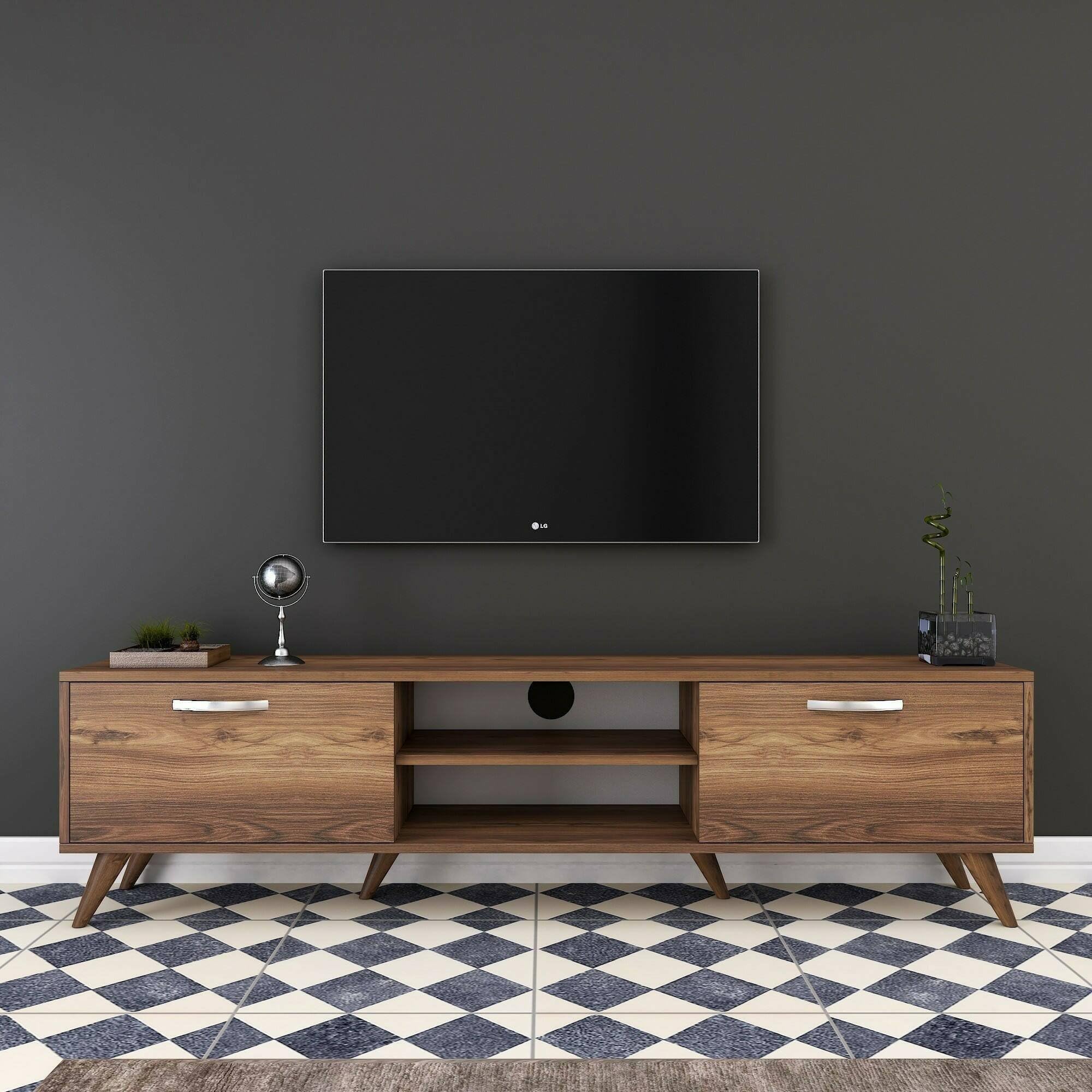 Dmora - Mobile porta TV Aldh, Credenza da soggiorno, Armadio basso per TV, Base parete attrezzata, 180x35h49 cm, Noce