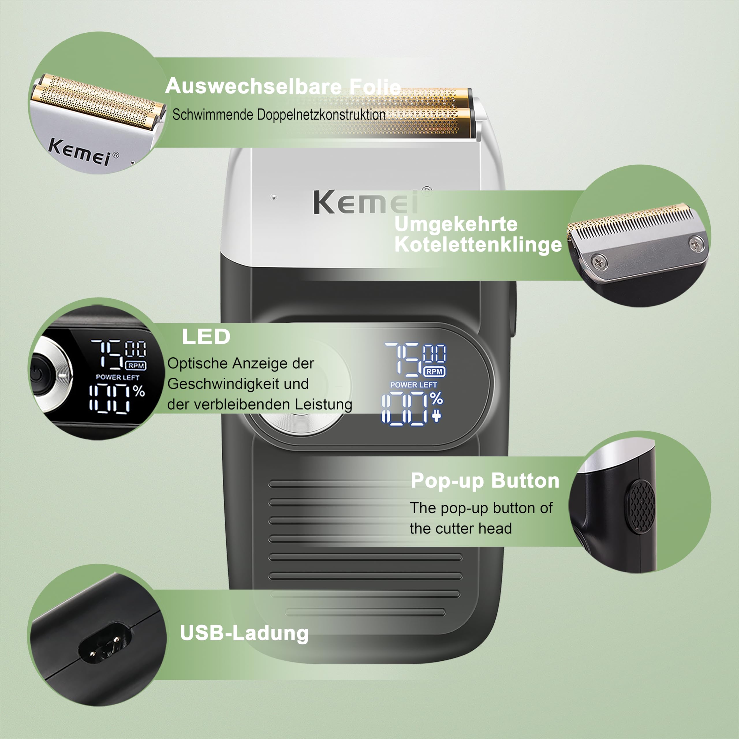 KEMEI Folienrasierer Herren, Rasierer Herren Elektrisch mit Kahlrasur Schnurlose Elektrorasierer mit LED-Anzeige Geschenke zum Vatertag
