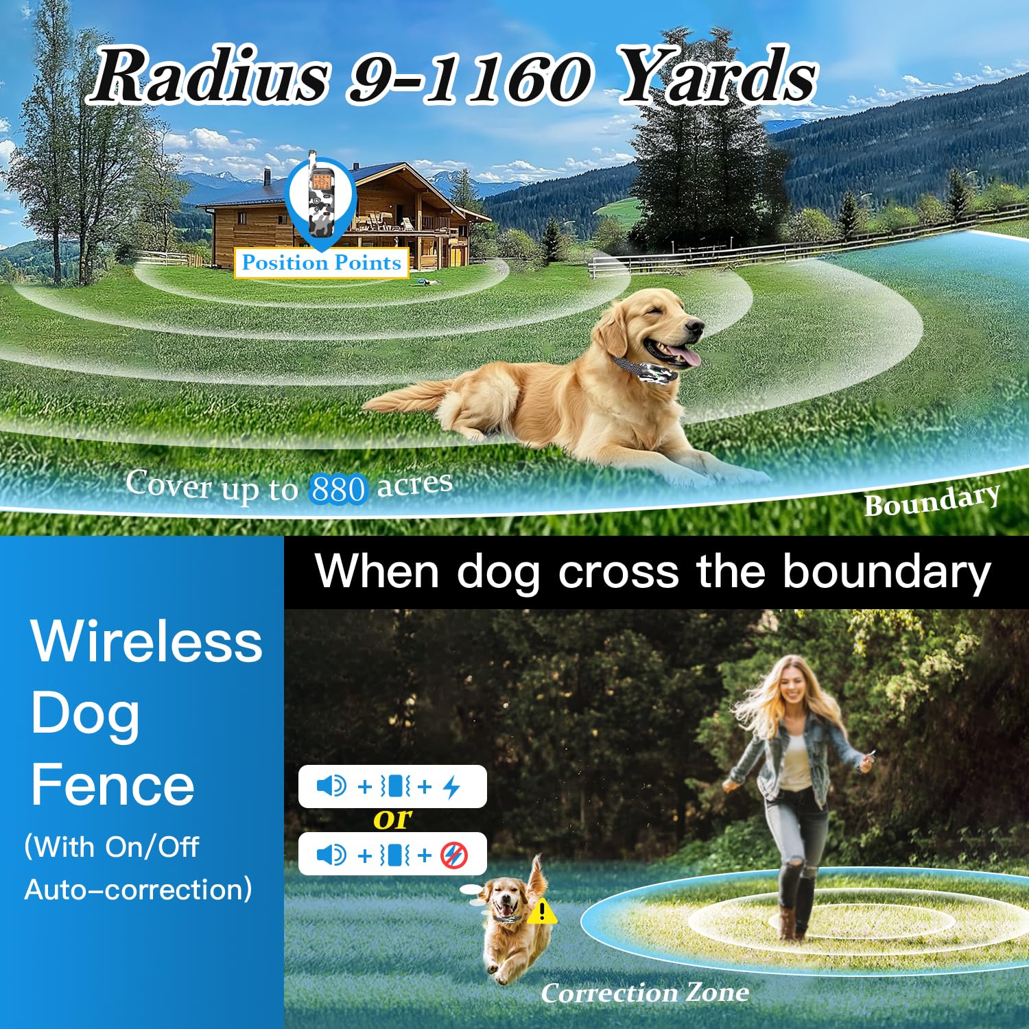 Htcuto Wireless Dog Fence & Ultrasonic Training Collar- 1160-Yard Adjustable Boundary for Outdoor, 4 Modes (Beep/Vibration/Static/Ultrasonic), IPX7 Waterproof, Remote Control, 185-Day Standby(1V1)