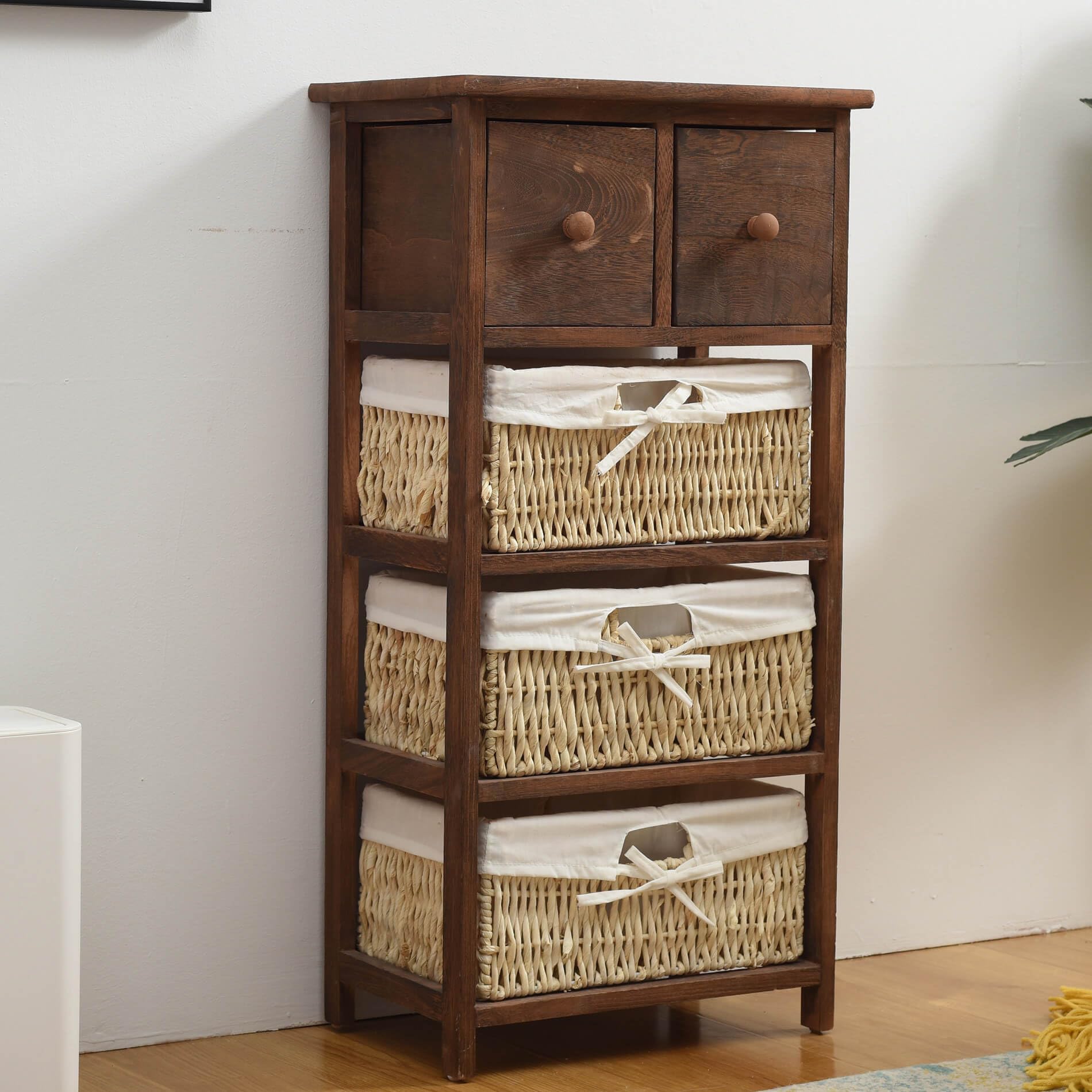 Rebecca Mobili Cassettiera Credenza Rustica, 2 Cassetti 3 Ceste, Legno Vimini, Marrone Scuro, Arredo Bagno Cucina - Misure: 80 x 40 x 27 cm (HxLxP) - Art. RE4059