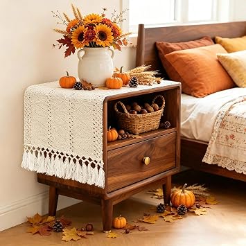 yuboo 36" Boho Macrame Table Runner, Short Cream Coffee Runner, Nightstand