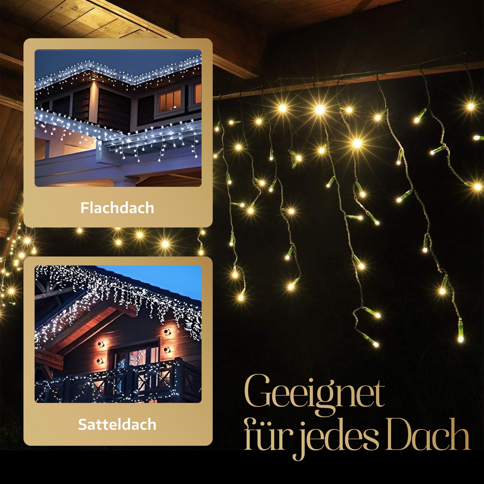 Meisterhome 400 LED Eisregen - 8m + 5m Zuleitung - mit Timer und 8 Beleuchtungsmodi - Eiszapfen Innen und Außen - für Party, Hochzeit, Balkon, Garten Deko - Warmweiß