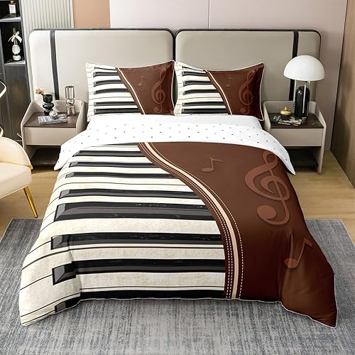 Miniatura 35 de Juego de ropa de cama tamaño King 100% algodón con notas musicales de piano y clave musical, juego de ropa de cama para niños y niñas, diseño retro