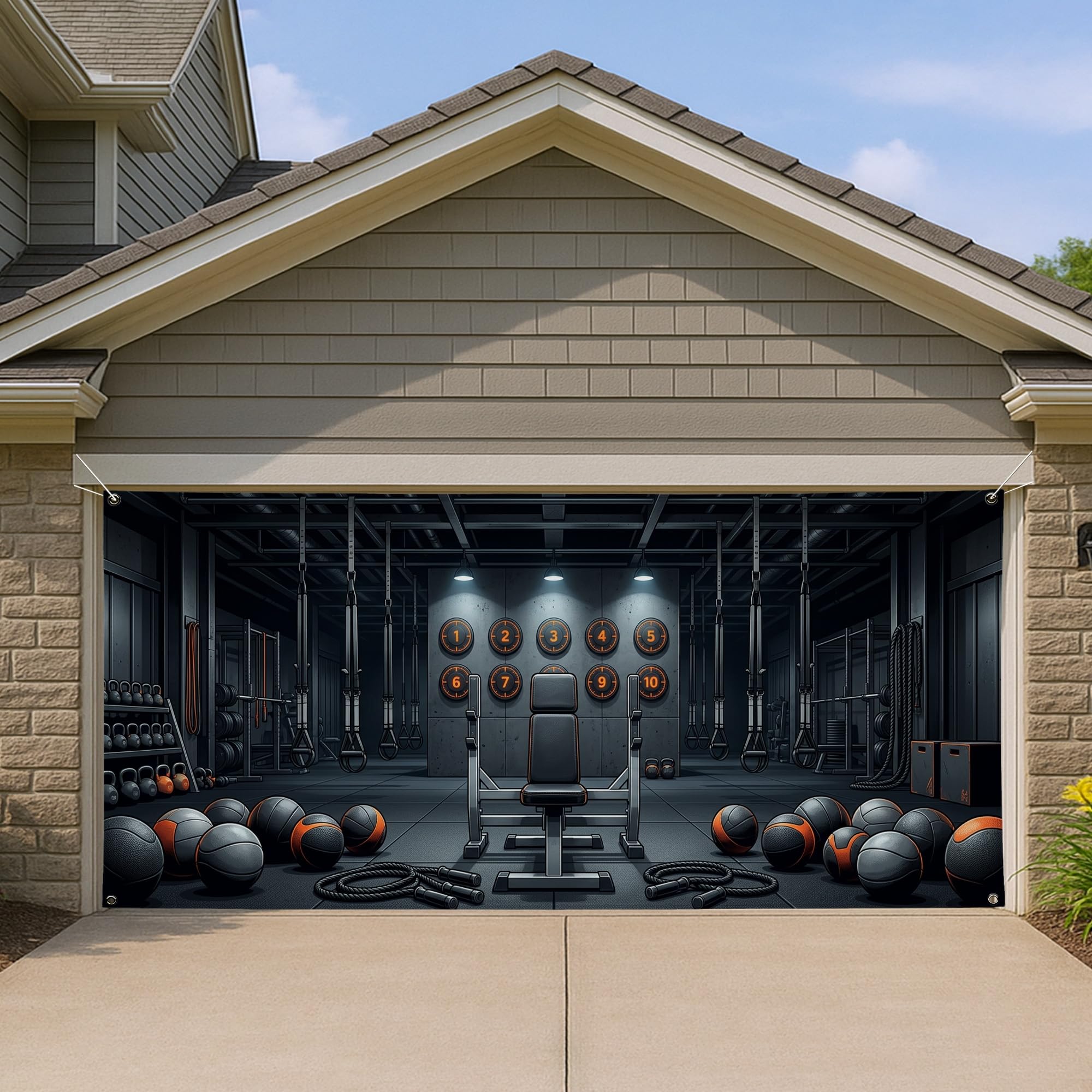 Diseño moderno de equipo de gimnasio en cubierta de puerta de garaje fitness