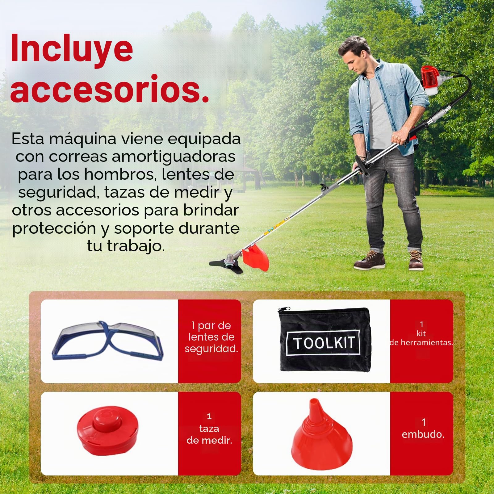 Desbrozadora de gasolina 4 en 1 – Potencia: 1,7 kW – 2 tiempos – Longitud de corte: 40 cm – 8500 rpm – Capacidad del depósito: 1 l – Para agricultura y lucha contra incendios forestales