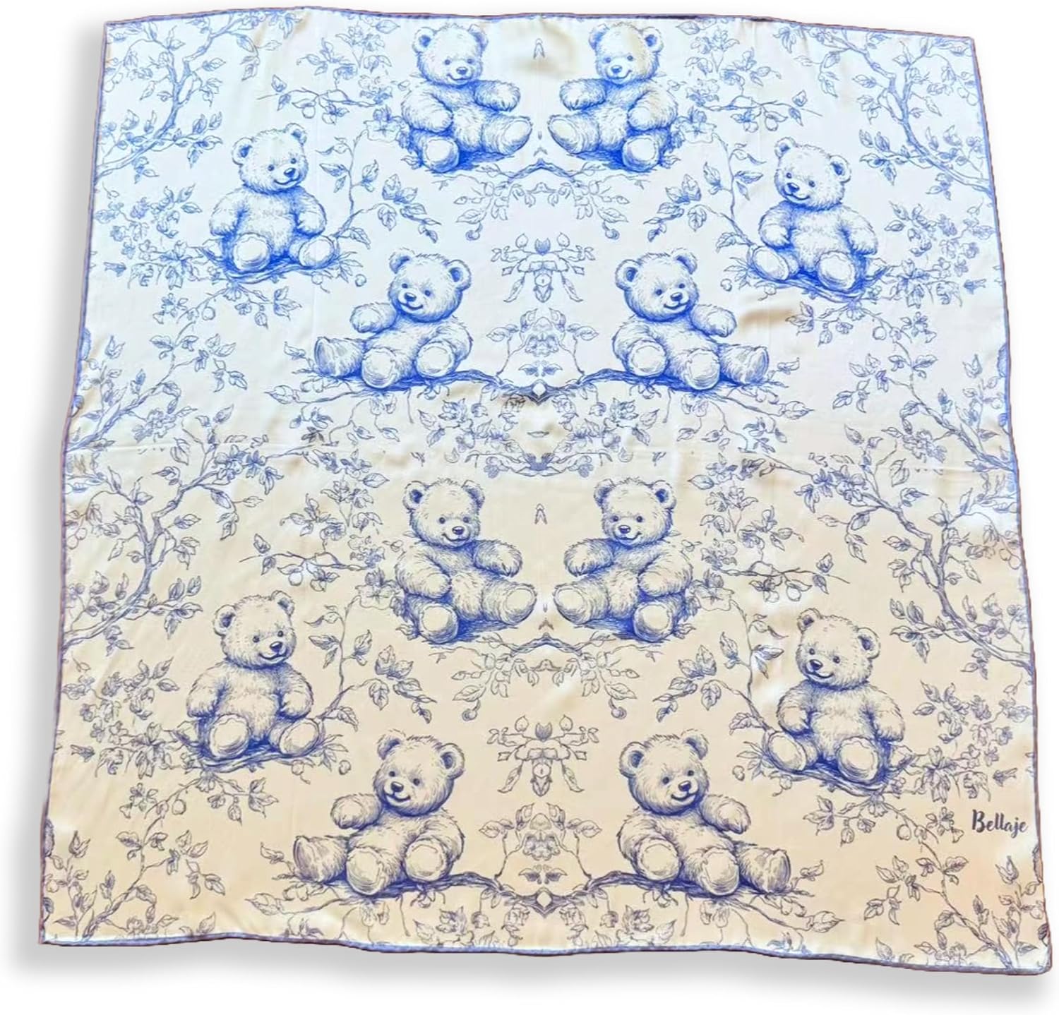 100% Silk Square Scarf - Baby Teddy Bears 27x27"/70x70cm, Mulberry Satin Silk Bandana with Hand-rolled Edges, Blue Scarf, Gift for her/him