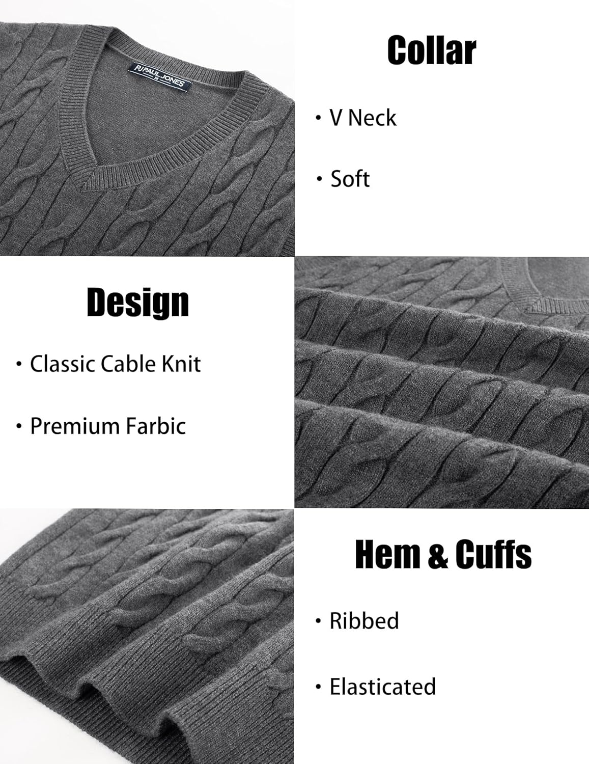 PJ PAUL JONES Men's Sweater Vests V Neck Cable Twist Knit Sleeveless Vests Casual Pullover Sweater - Image 5