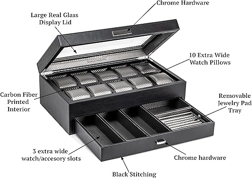 Miniatura 7 de HOUNDSBAY Yachtsman - Organizador de cajas de relojes, organizador de joyas de lujo con cajón, bandeja para anillos y tapa de cristal, gran estuche