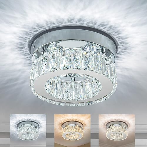 Mini Modern Crystal Chandeliers Flush Mount Ceiling Light Fixture LED Mini Chandeliers with Crystals Hallway Light Bedroom Chandelier for Bathroom Kitchen Office