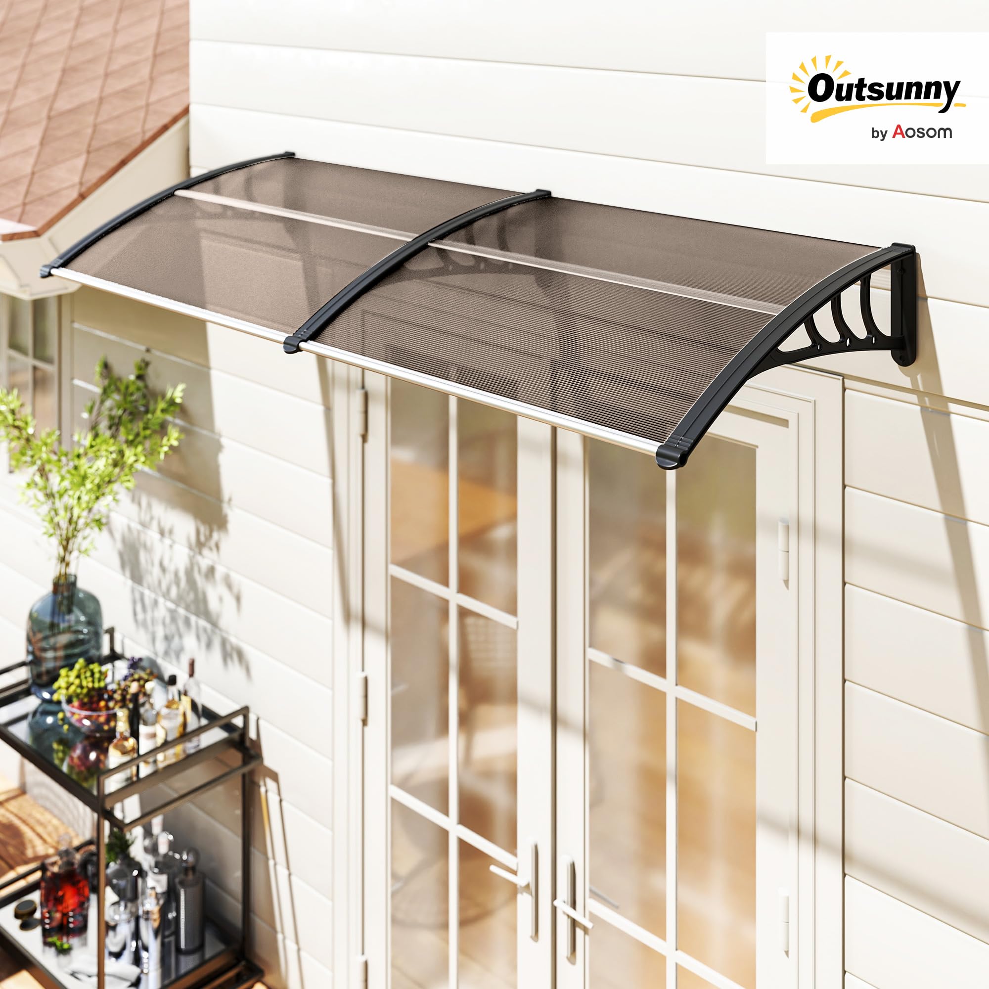 Outsunny Pultvordach Vordach für Haustür 75x195x23 cm Überdachung 5mm Polycarbonat Sonnenschutz Regenschutz für draußen Alu Braun