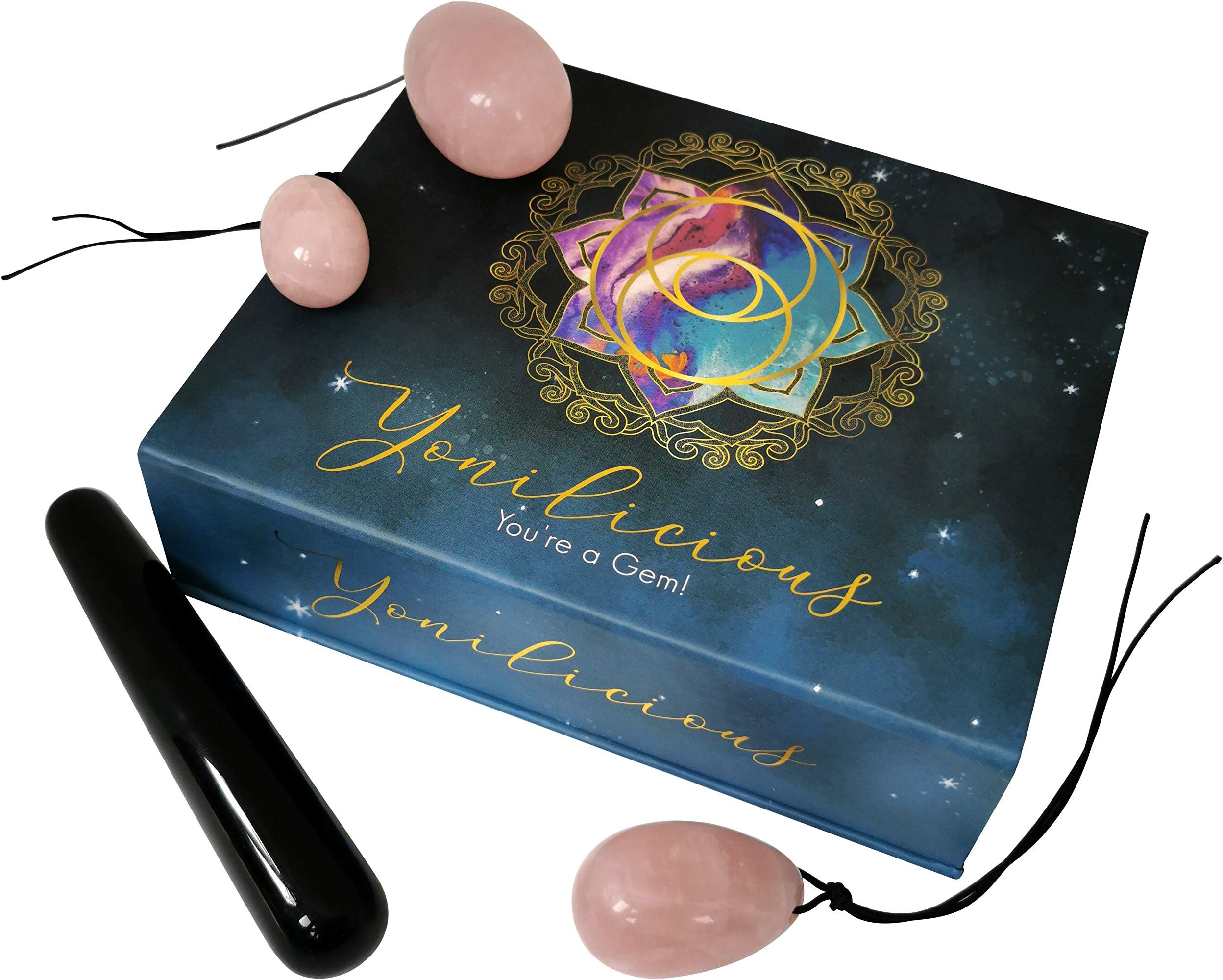 Yonilicious Yoni Egg Set Drilled Rose Quartz Jade Set of 3 with String for Women Kegel Exercise Massage Pelvic Floor Love Stone with 1 Black Obsidian Crystal Wand Gift Gemstone