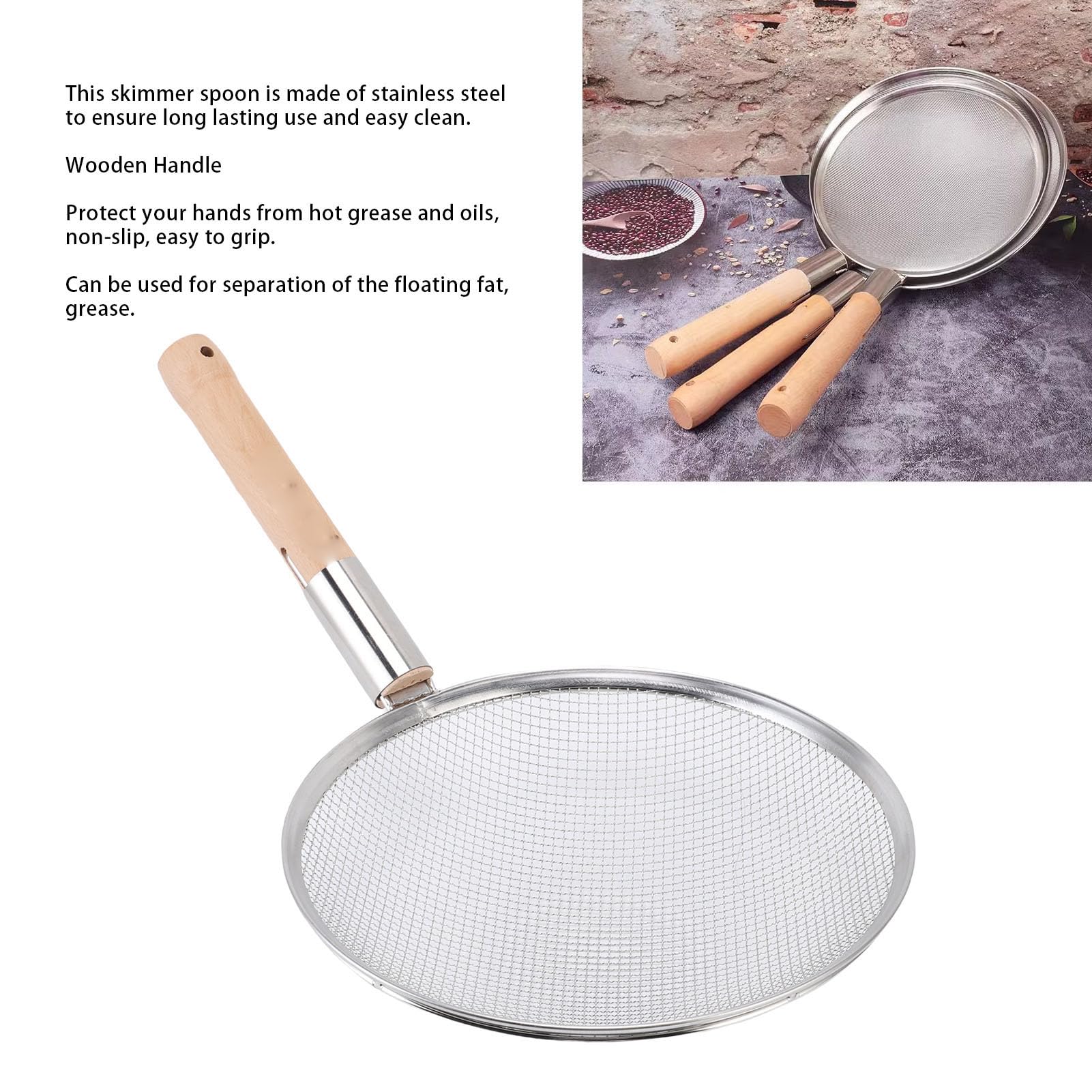 JTLB Filtro a rete fine in acciaio inossidabile 201, cucchiaio per schiumarola a maglia fine con manico in legno, cucchiaio filtrante per di casa, , ristoranti, pasti in famiglia, picnic