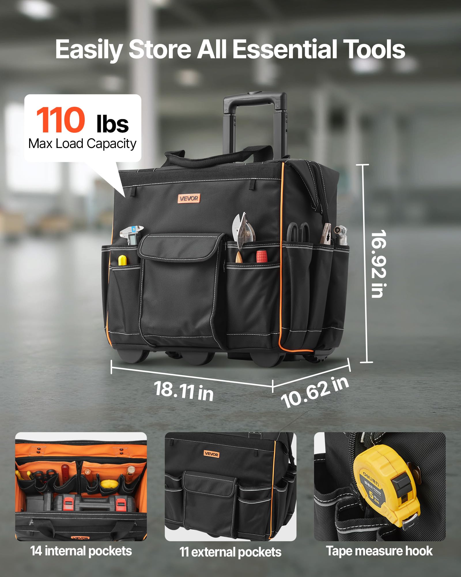VEVOR Zaino Portautensili con Ruote, Capacità 50 kg, Borsa Portautensili con Ruote da 25 Tasche, Maniglia Telescopica Regolabile e Base Stabile, Organizzatore per Borse per Edilizia, Meccanico