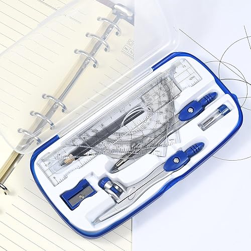 Miniatura 3 de Juego de 10 piezas de geometría matemática con caja de almacenamiento inastillable, incluye reglas, transportador, brújula, borrador, sacapuntas,