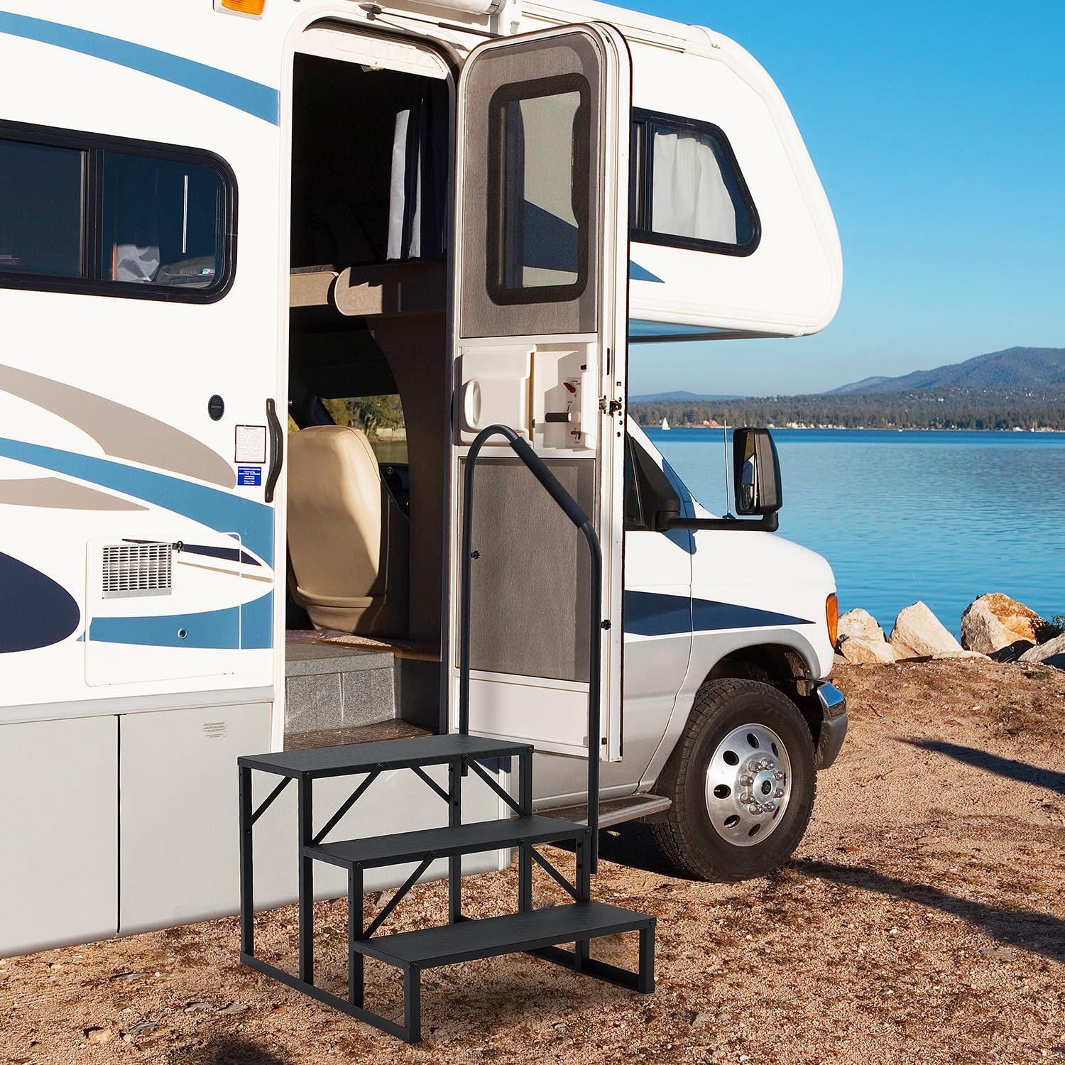 YOLENY 3-Step RV Steps with Handrail, 660 LBS Metal RV Stairs with Armrest Cover, Anti-Slip Hot Tub Steps, Mobile Home Steps for Travel Trailers, Hot Tub, Camper, Pool and Porch