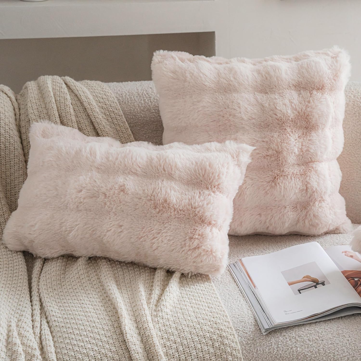Neelvin Beige Faux Fur Pillow Covers Set of 2, Luxury Soft Fluffy Throw Pillow Covers for Couch, Fuzzy Decorative Plaid Plush Cushion Cases for Living Room Sofa Bedroom Decor