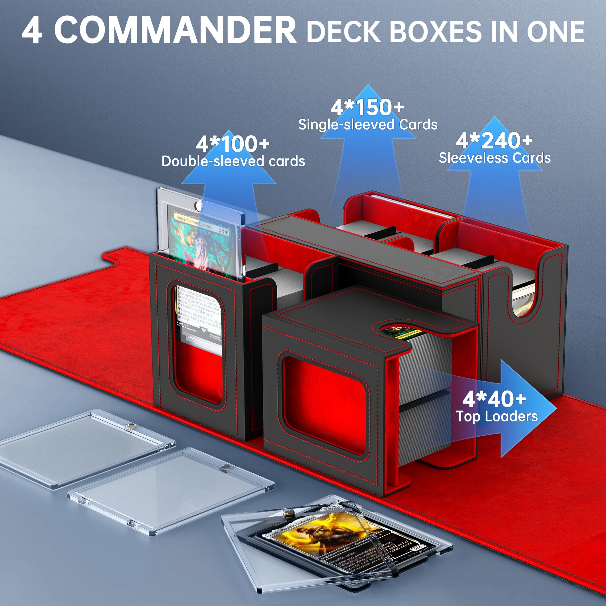 Commander Deck Box - Caja de almacenamiento 5 en 1 para más de 400 tarjetas con ventana de visualización, cubierta extraíble, bandeja de dados para tarjetas coleccionables TCG y PTCG (rojo)