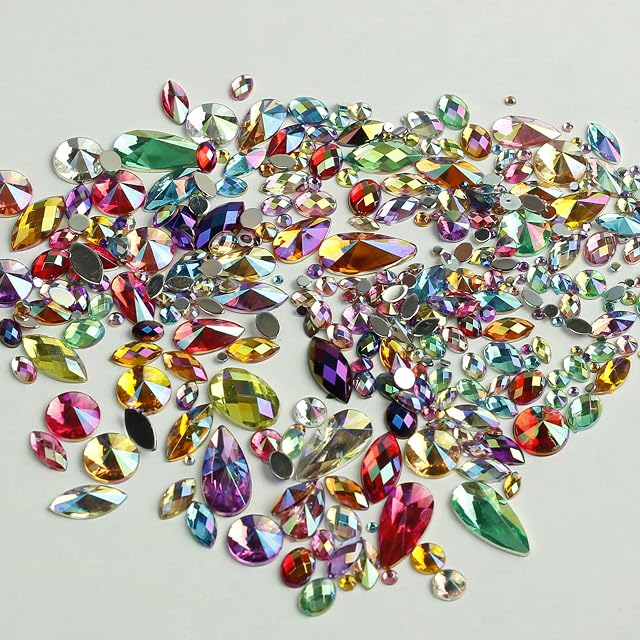 15g Bag of Mixed 3mm-18mm Flat Back Iridescent Rhinestone Gems in a Variety of Shapes and Sizes (Mixed)
