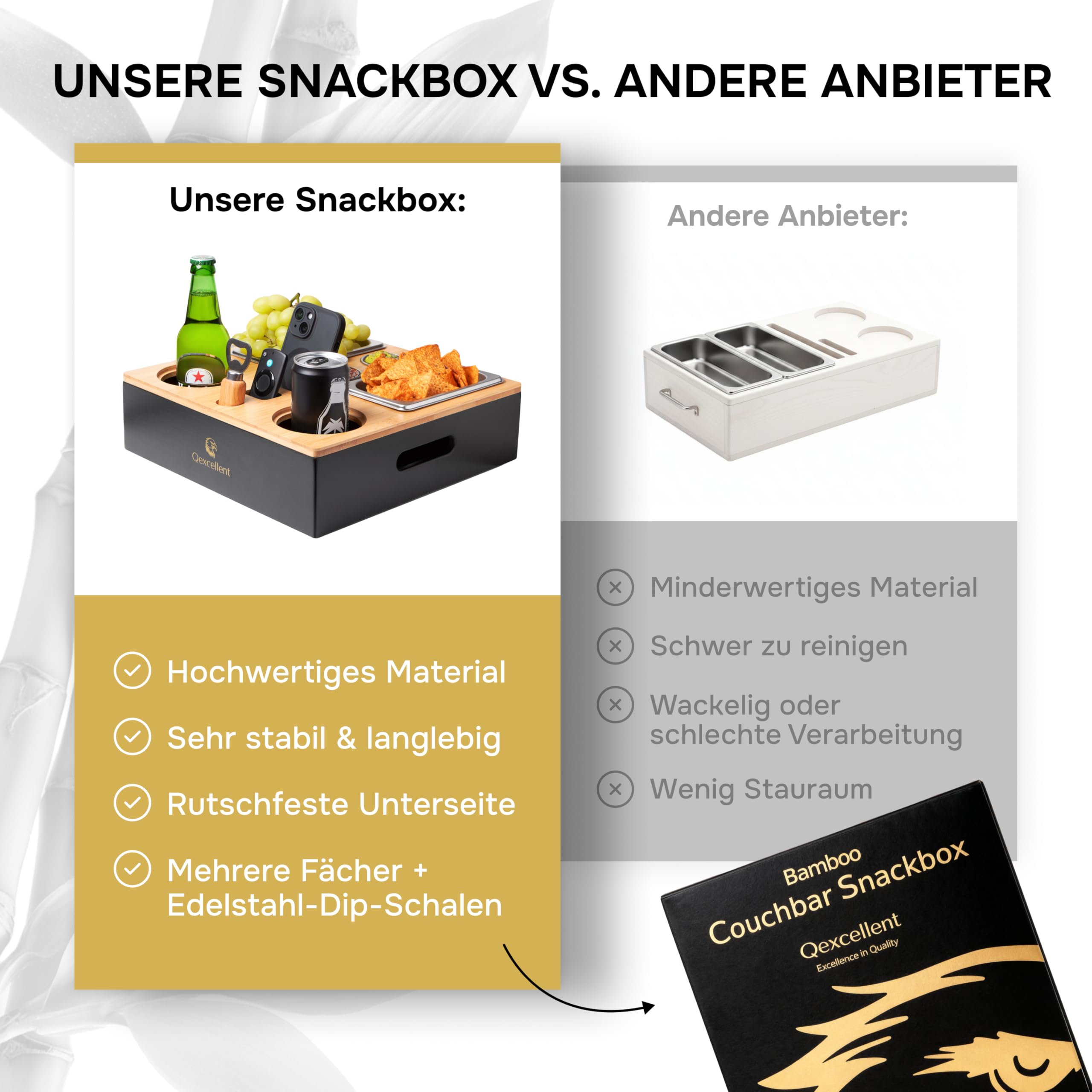 Couchbar Boîte à goûter avec compartiments - Plateau de service 3 en 1 et porte-gobelet - 4 bols en acier inoxydable pour collations et sauces - Cadeaux pour femmes et hommes, organisateur