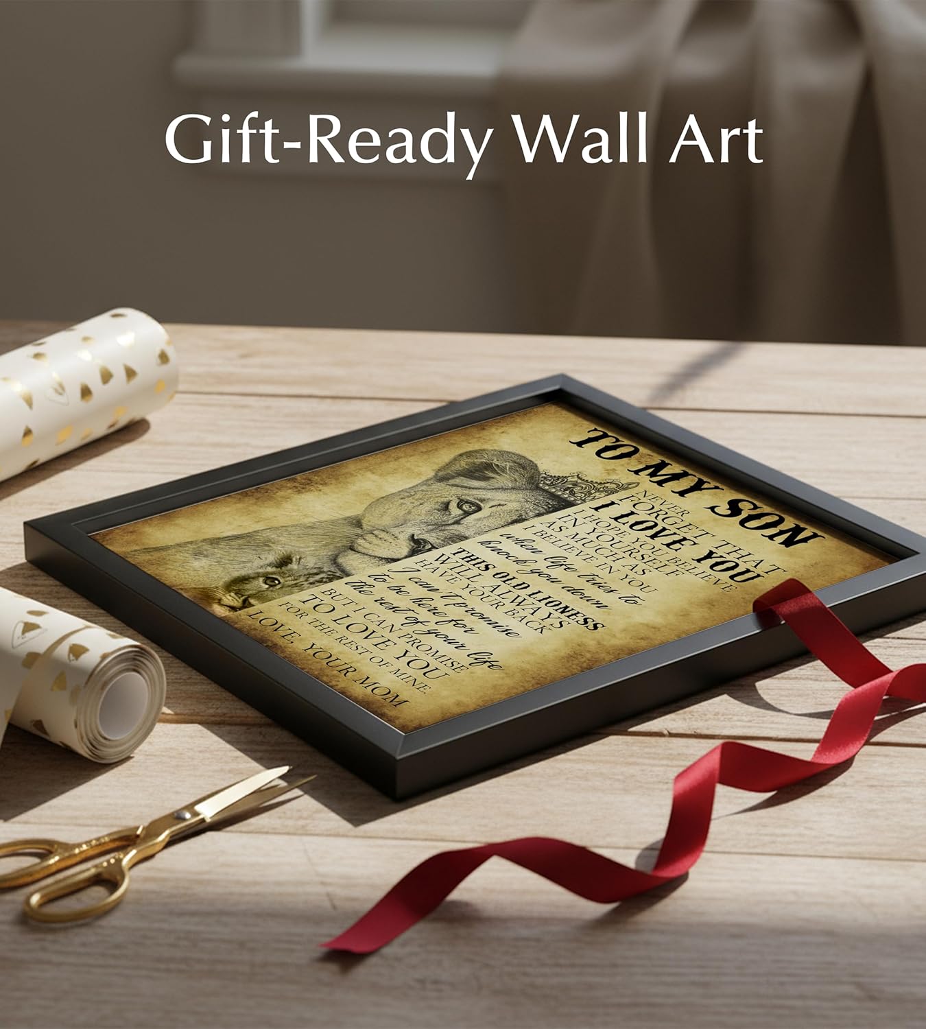 To My Son Never Forget That I Love You - Motivational Wall Art Print - Wall Art Poster Print with Lioness Image for Boy’s Room, Family and Office Decor (Black Framed, 8 x 10 inches)