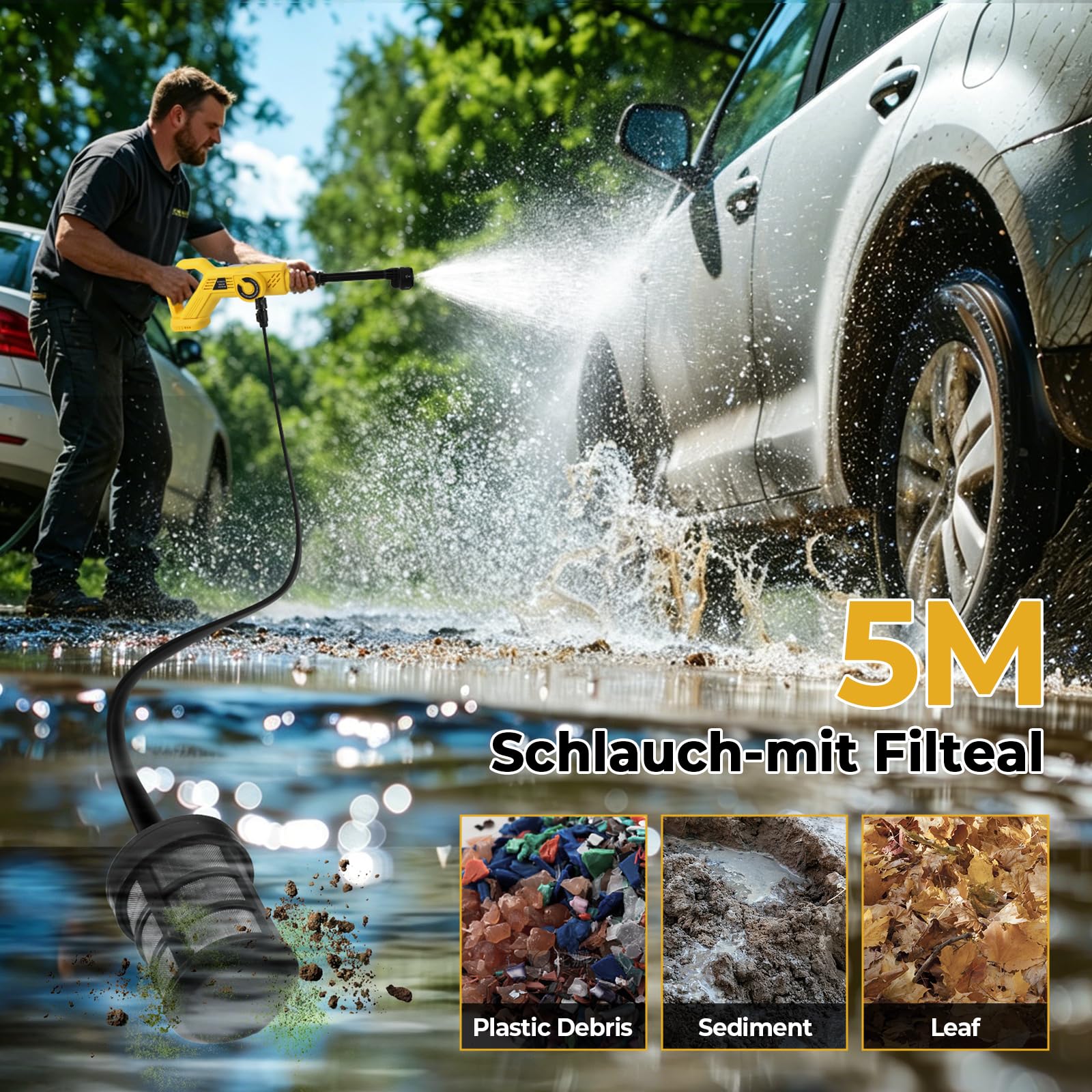 Akumulatorowa myjka wysokociśnieniowa do Dewalt 18/20 V, ulepszona, przenośna myjka wysokociśnieniowa 68 bar z 4 regulowanymi stopniami, dysza natryskowa 6 w 1 do nawadniania podłóg samochodowych