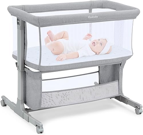 Miniatura 8 de Ezebaby Cuna junto a la cama para bebé, moisés portátil junto a la cama para recién nacidos con ruedas, cesta de almacenamiento, ajustable a 7