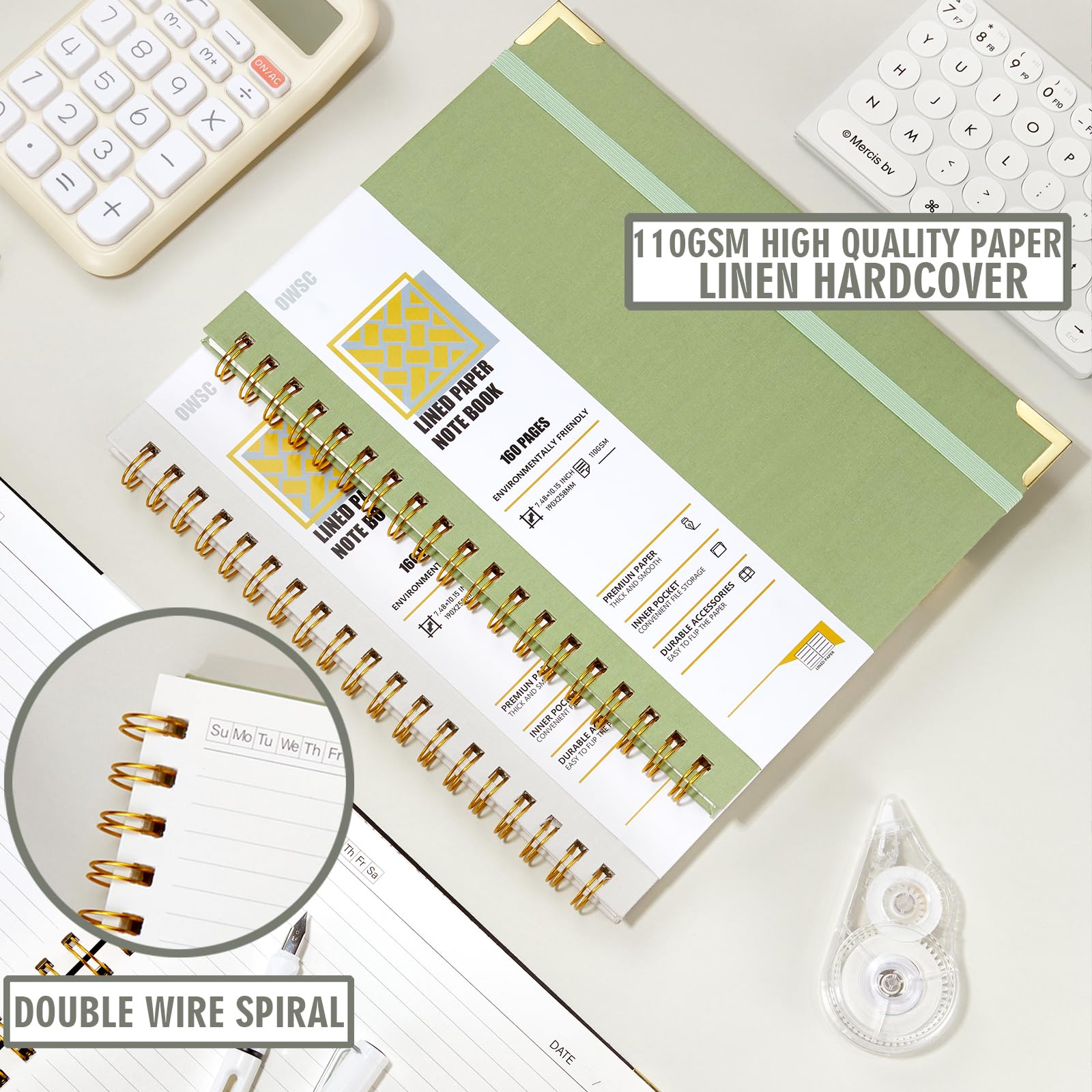 OWSC Lot de 2 carnets à spirale lignés avec papiers épais de 110 g/m², 320 pages format B5, couverture rigide de 18,8 x 25,4 cm, pour homme et femme, pour le travail, l'école, gris et noir