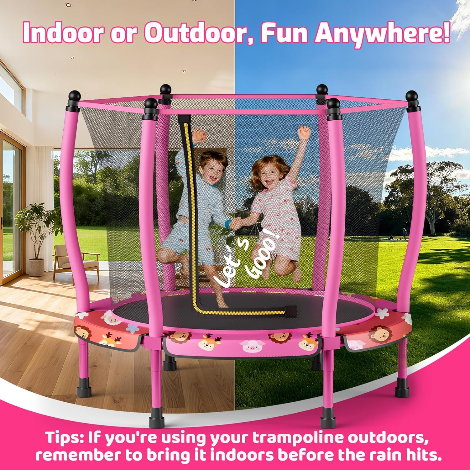 55" Trampoline for Kids with Curved Poles, 440lbs Capacity Indoor & Outdoor Toddler Trampoline, Gifts for Boys & Girls