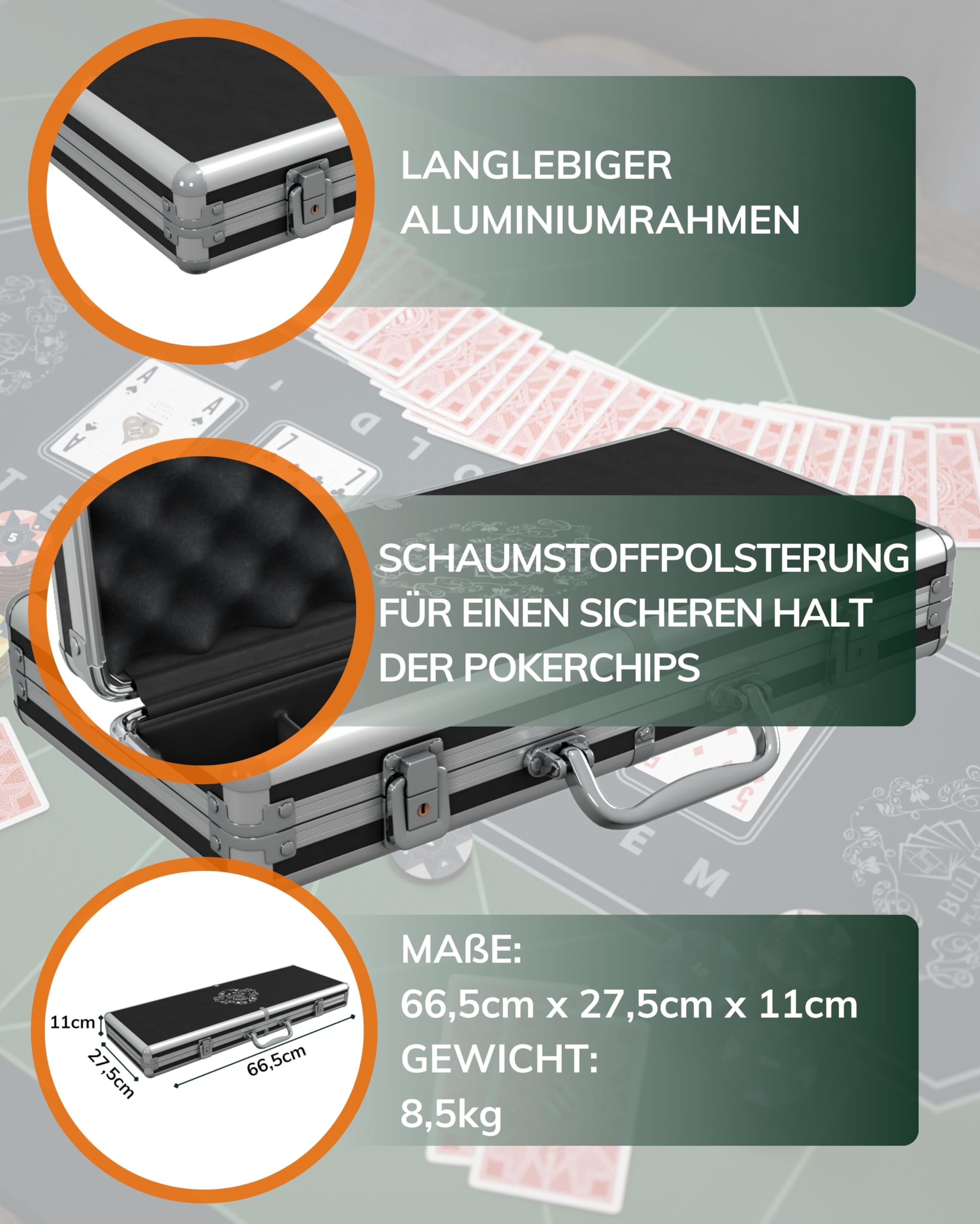Bullets Playing Cards | Pokerkoffer Deluxe „Christopher“ mit 500 Plastik Pokerchips 12g | Pokerset mit Karten, Würfeln, Dealer Button & Regeln für Texas Holdem