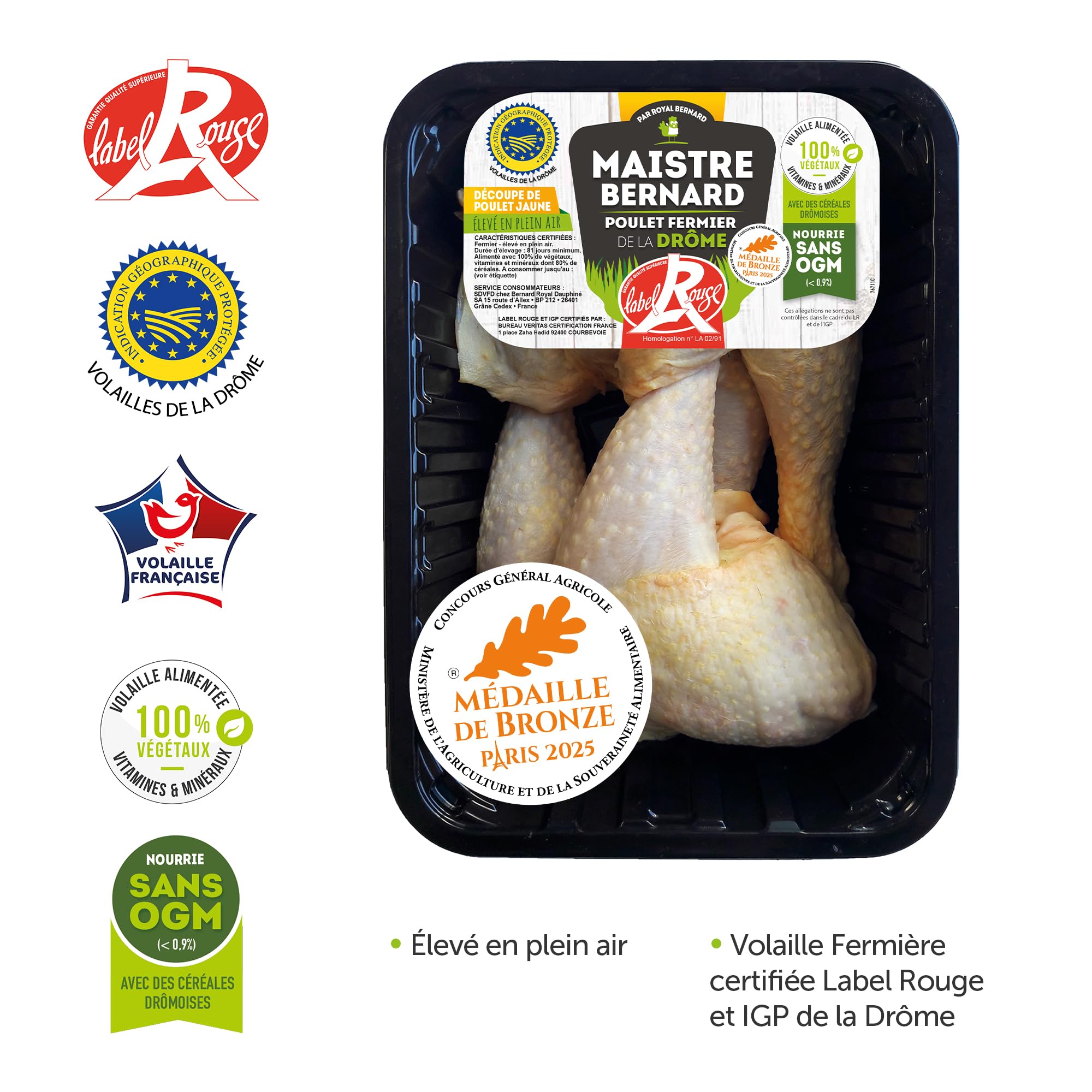 Royal Bernard - Assortiment Automnal - Colis de Viande de Volaille - 4 Barquettes de 4 Savoureux Produits - 1 Roulé de Dinde + 1 Poulet Entier + 4 Cuisses Poulet Label Rouge + 4 Paupiettes