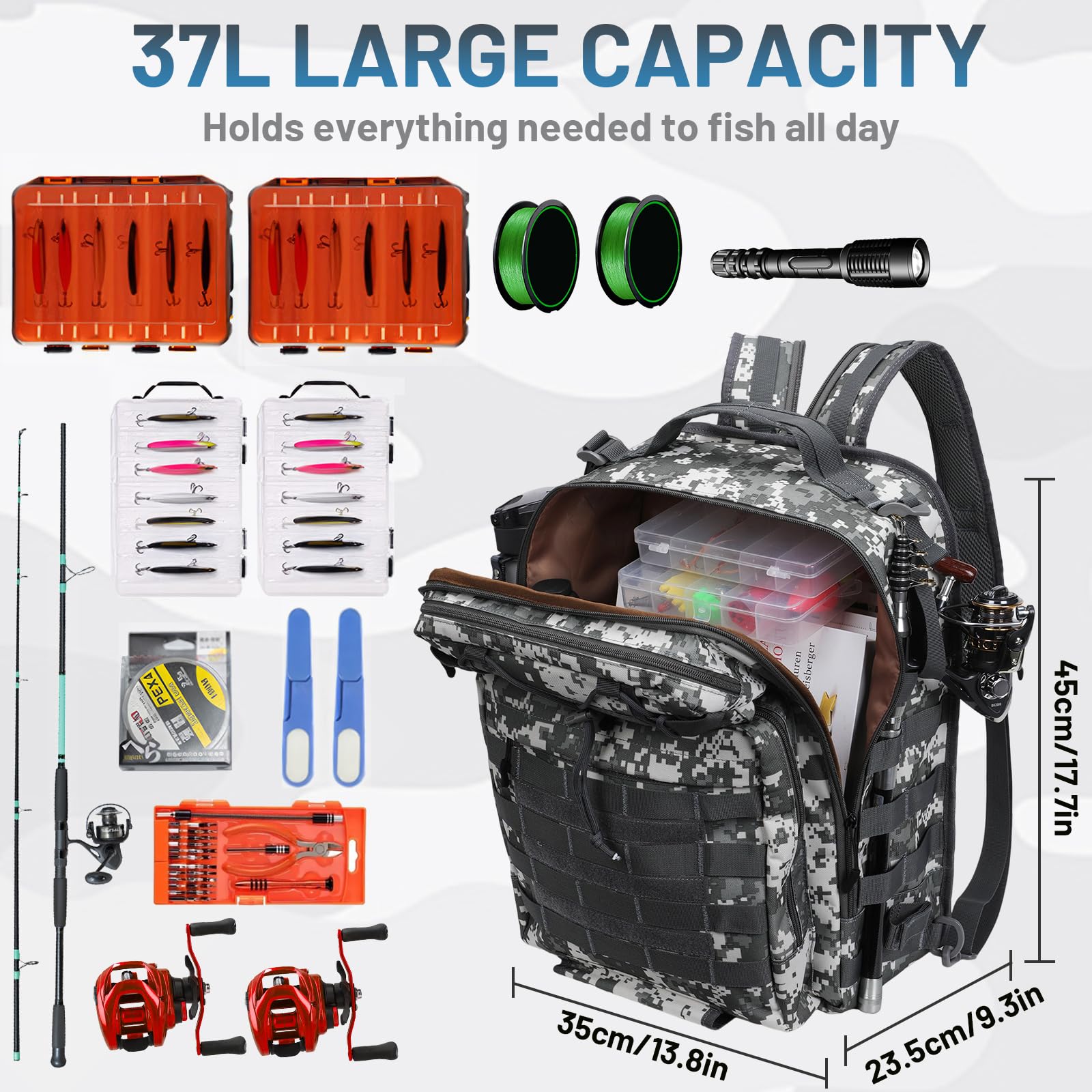 Mochila de Pesca 37L Bolsa de Pesca Mochila para Aparejos de Pesca con Soporte para caña Bolsas Almacenamiento Aparejos Impermeables Bolsa para Pesca Senderismo Caza Camping Deporte al Aire libr