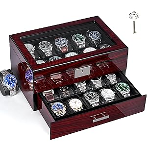 ANWBROAD ANWBROAD 20 Compartimentos Caja para Relojes Relojero Organizador Hombre Con Cerradura Lujoso Caja De Relojes Con Tapa Grande De Cristal Vitrina 2 Niveles Para Regalo dia del Padre JWB002Y